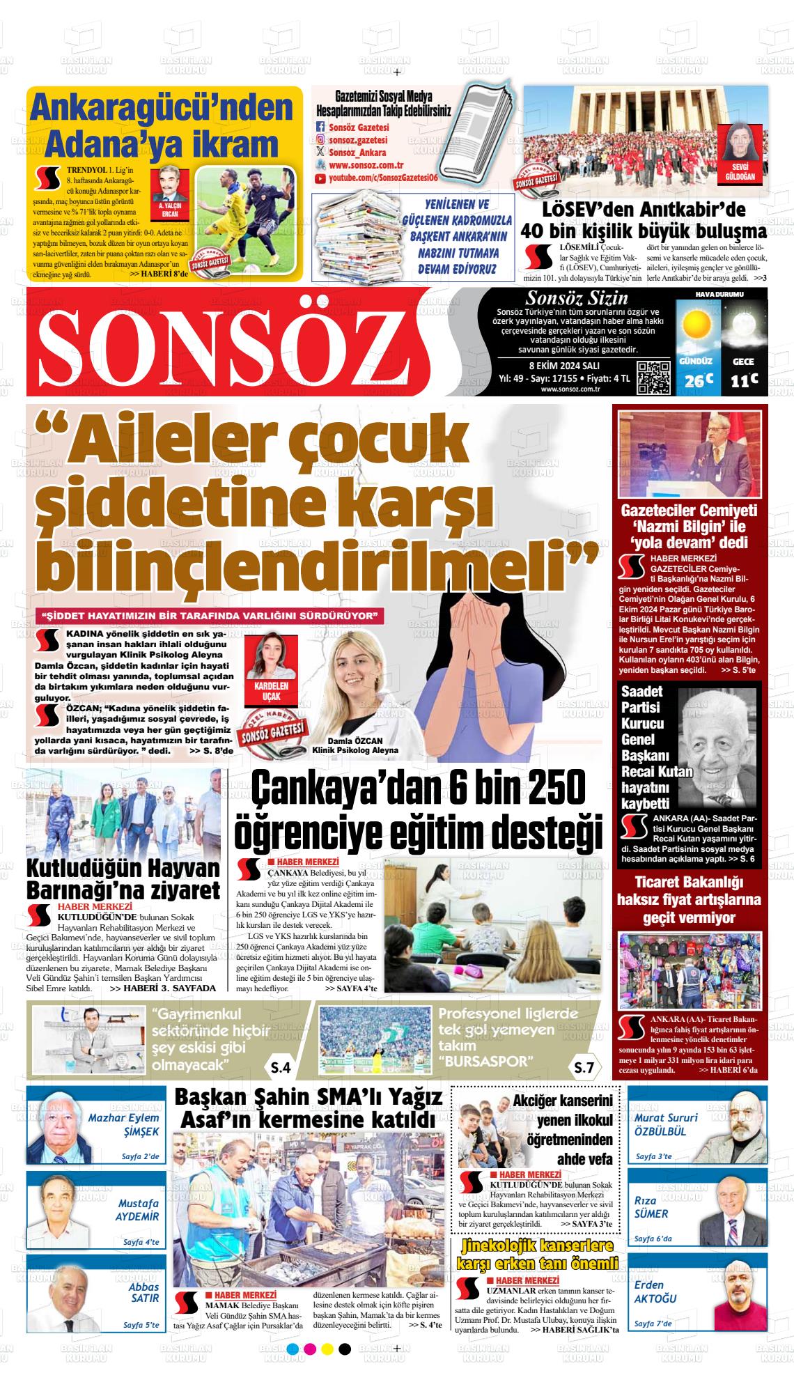 08 Ekim 2024 Ankara Sonsöz Gazete Manşeti