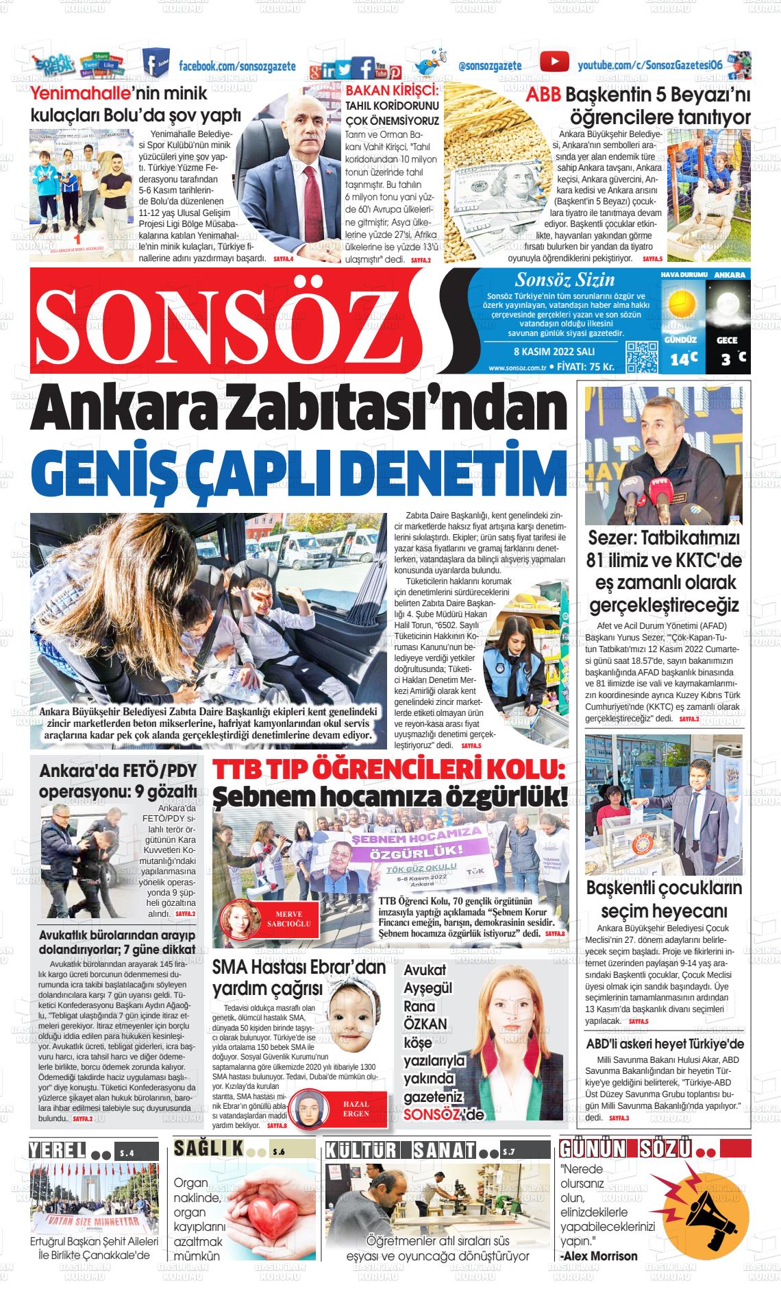 09 Kasım 2022 Ankara Sonsöz Gazete Manşeti