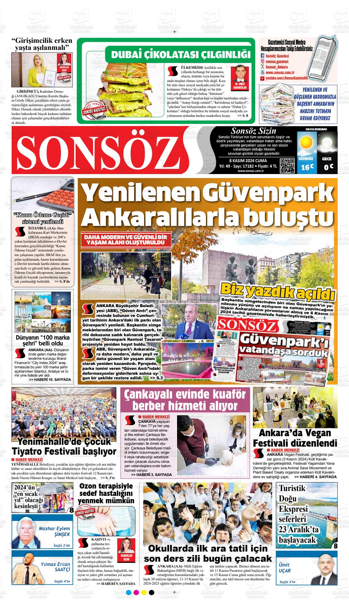 08 Kasım 2024 Ankara Sonsöz Gazete Manşeti