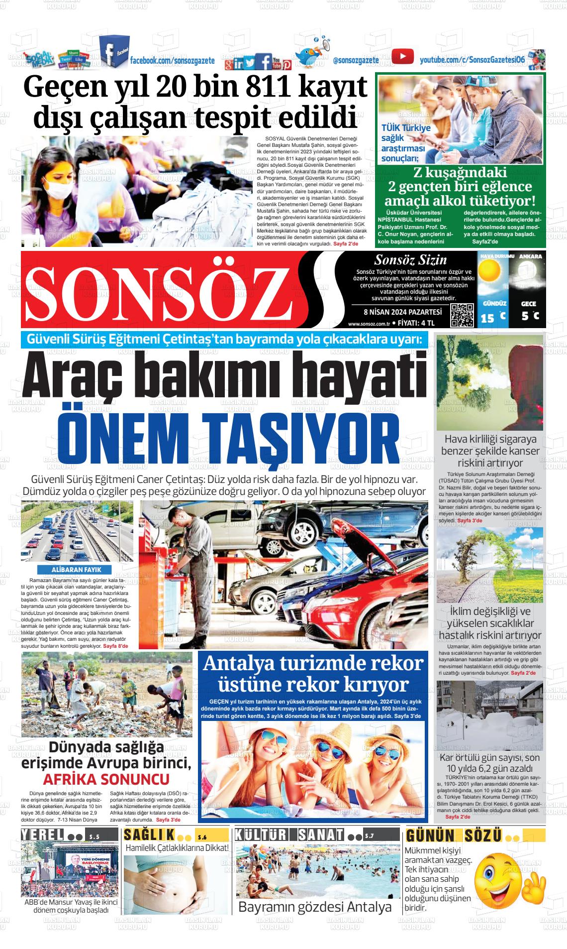 08 Nisan 2024 Ankara Sonsöz Gazete Manşeti