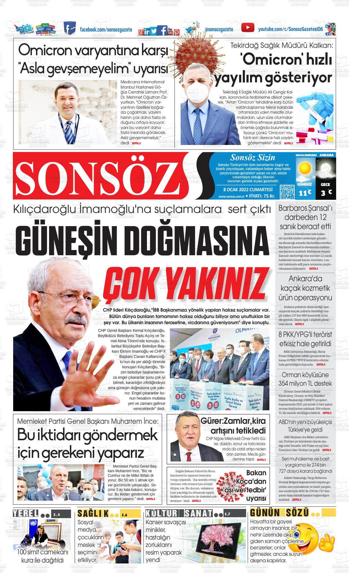08 Ocak 2022 Ankara Sonsöz Gazete Manşeti