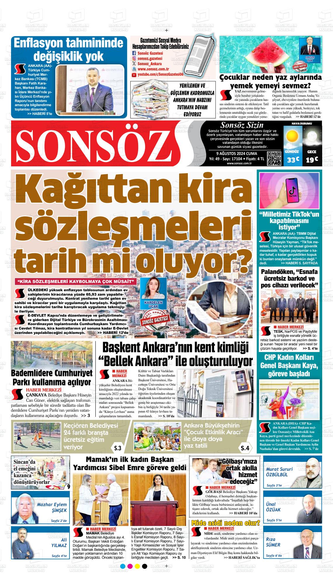 09 Ağustos 2024 Ankara Sonsöz Gazete Manşeti