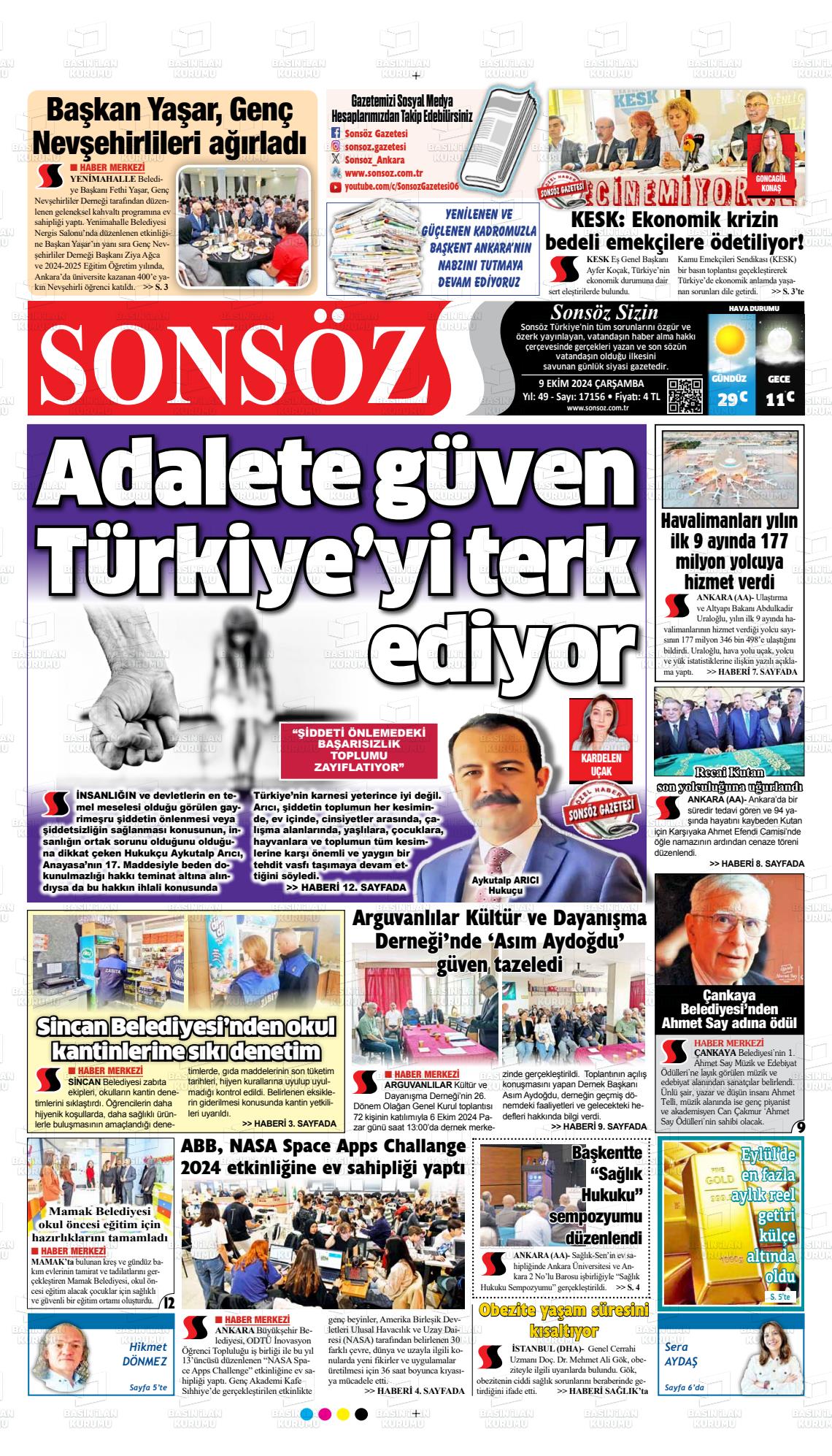 09 Ekim 2024 Ankara Sonsöz Gazete Manşeti