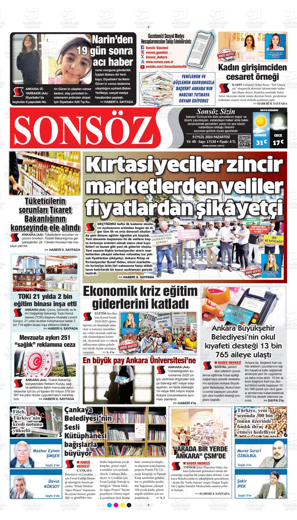 09 Eylül 2024 Ankara Sonsöz Gazete Manşeti