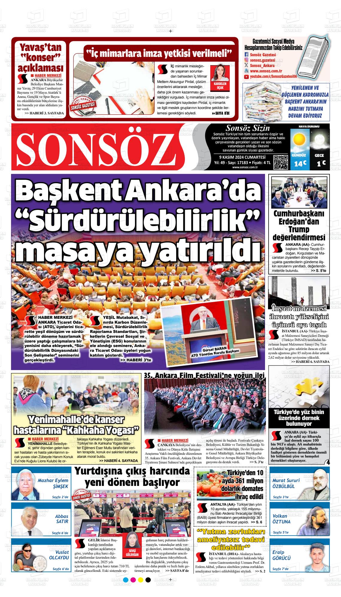 09 Kasım 2024 Ankara Sonsöz Gazete Manşeti