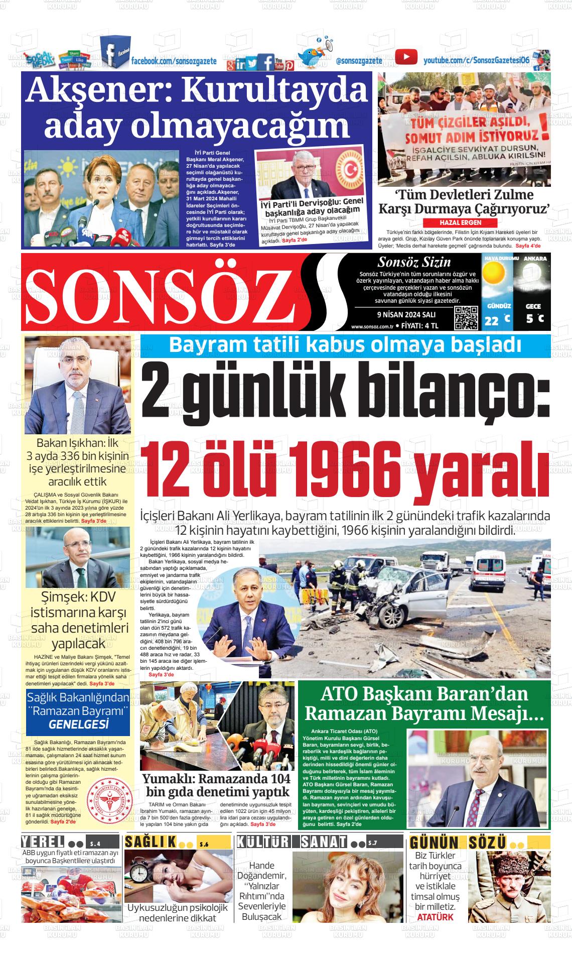 09 Nisan 2024 Ankara Sonsöz Gazete Manşeti