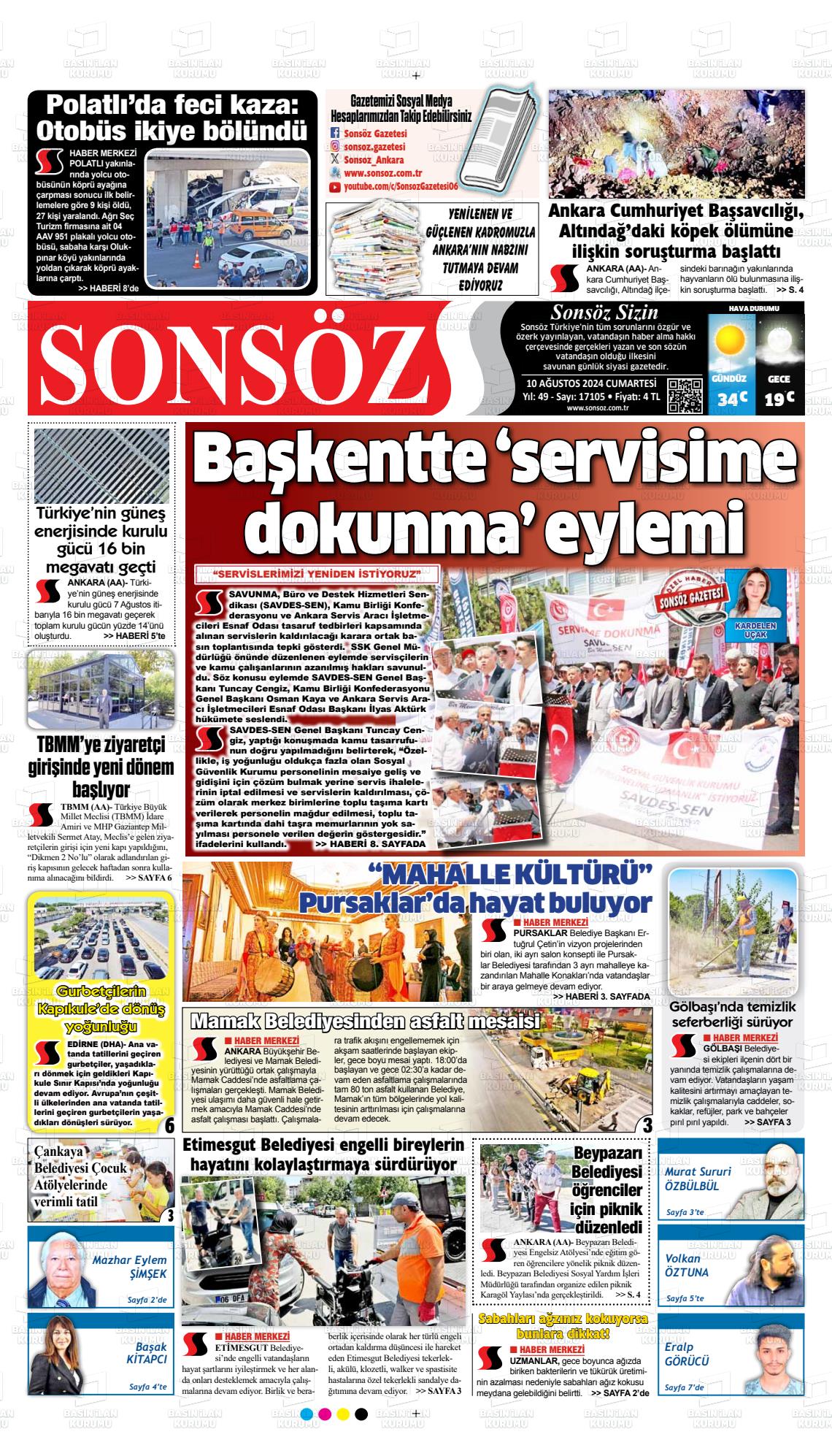 10 Ağustos 2024 Ankara Sonsöz Gazete Manşeti