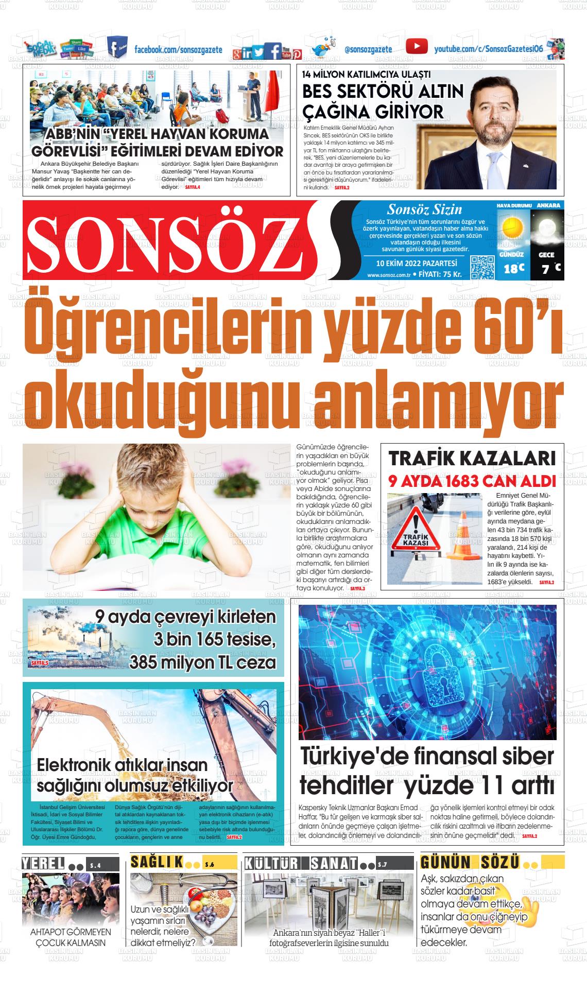 10 Ekim 2022 Ankara Sonsöz Gazete Manşeti