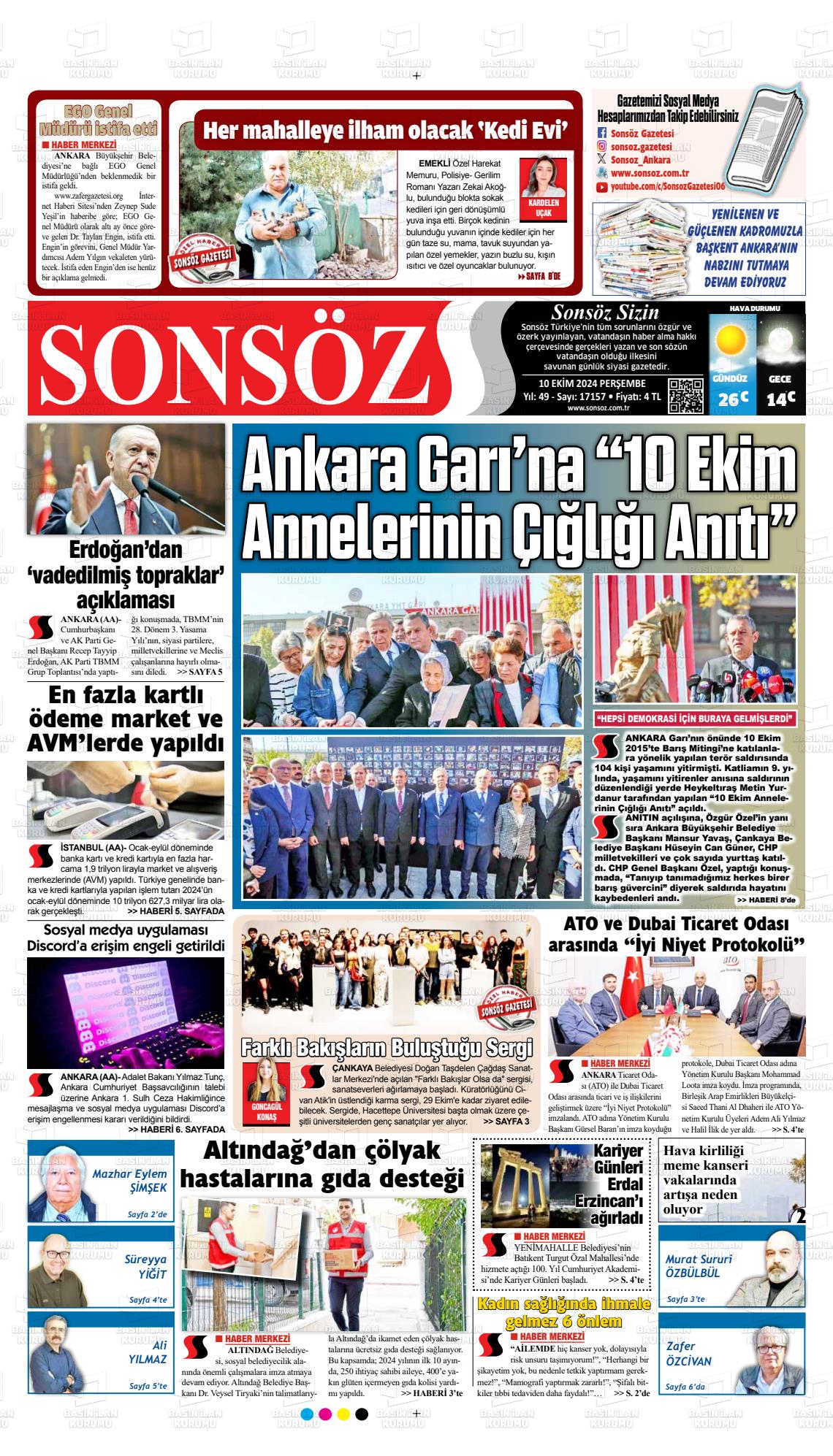 10 Ekim 2024 Ankara Sonsöz Gazete Manşeti