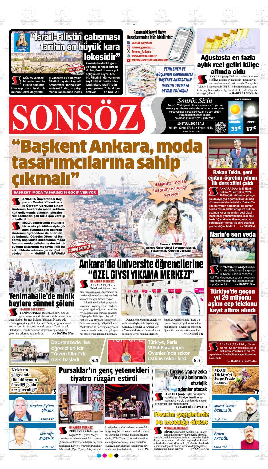 10 Eylül 2024 Ankara Sonsöz Gazete Manşeti