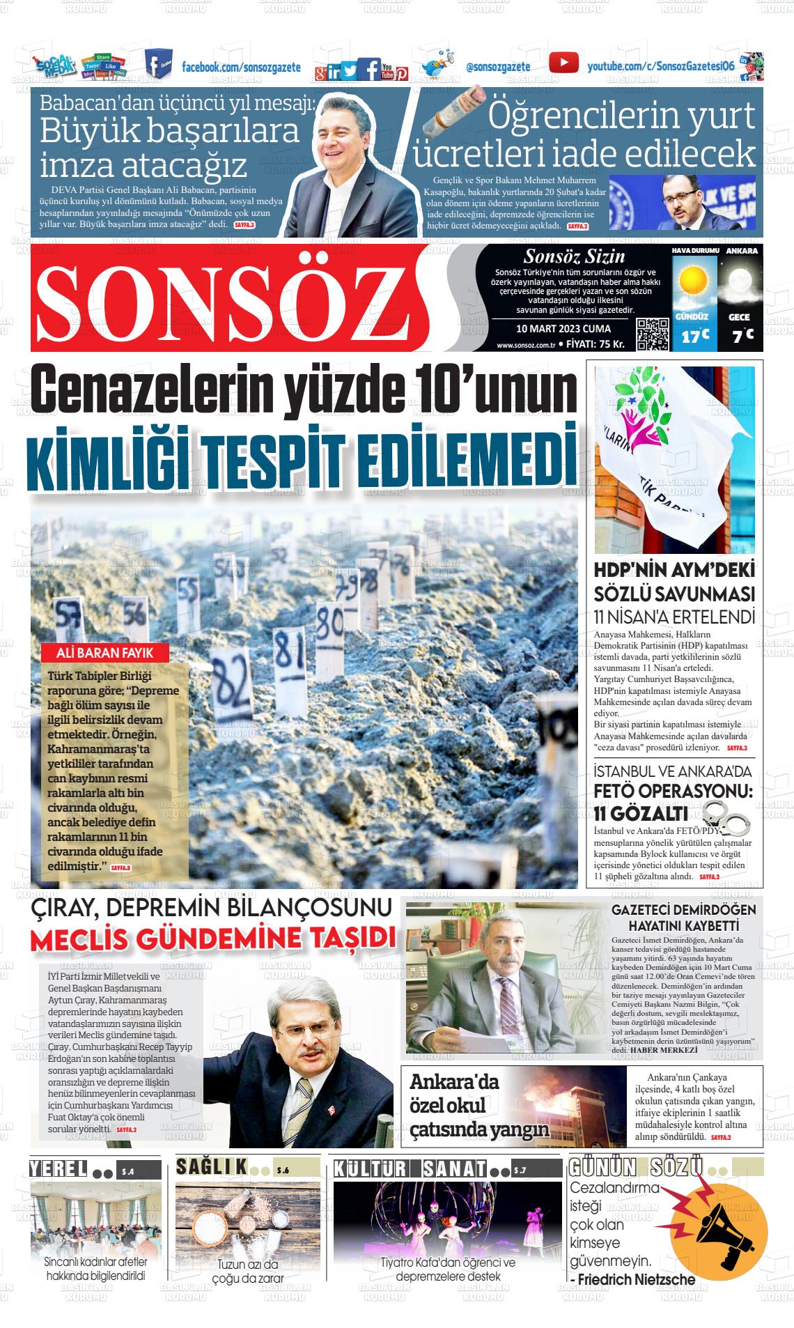 10 Mart 2023 Ankara Sonsöz Gazete Manşeti