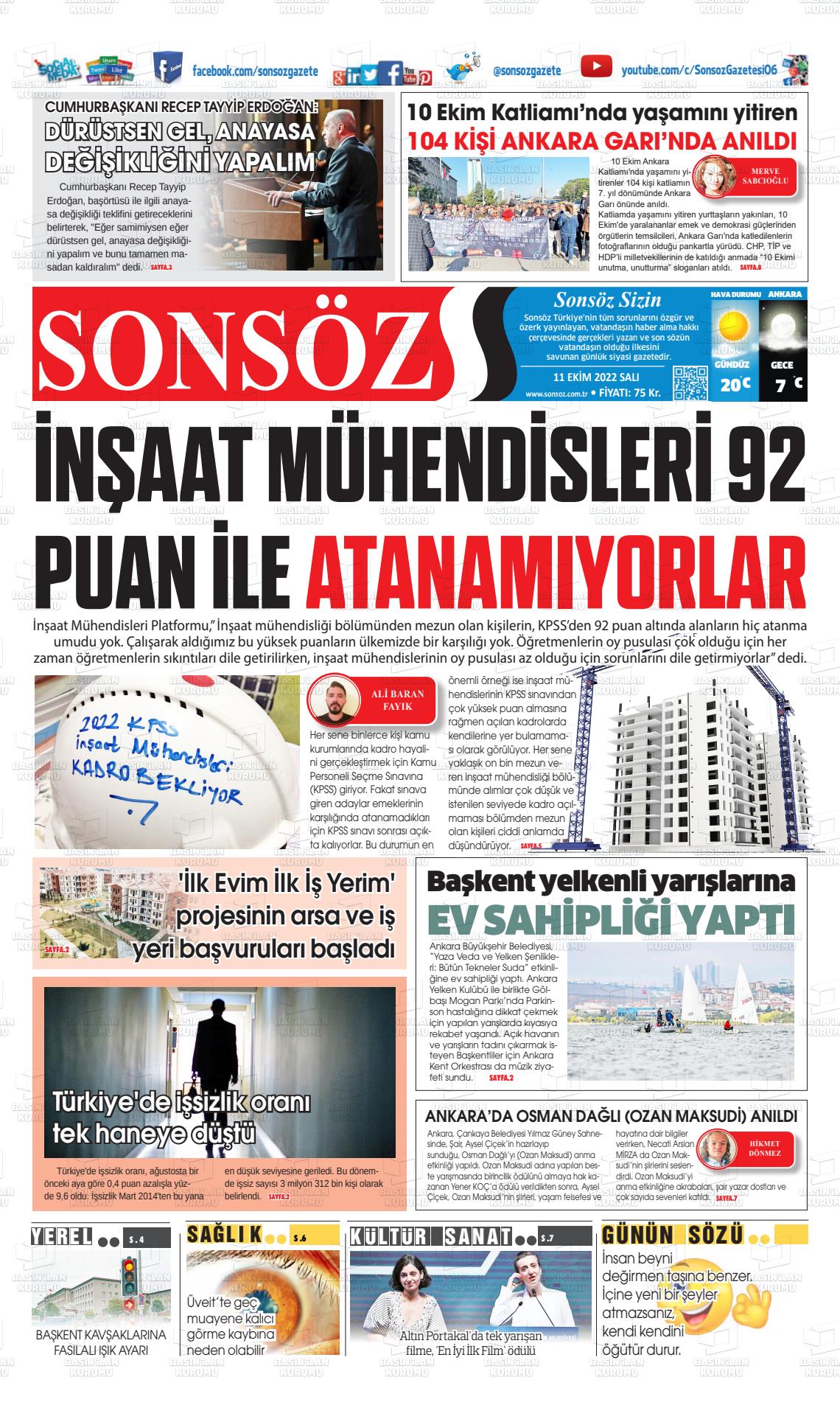 11 Ekim 2022 Ankara Sonsöz Gazete Manşeti