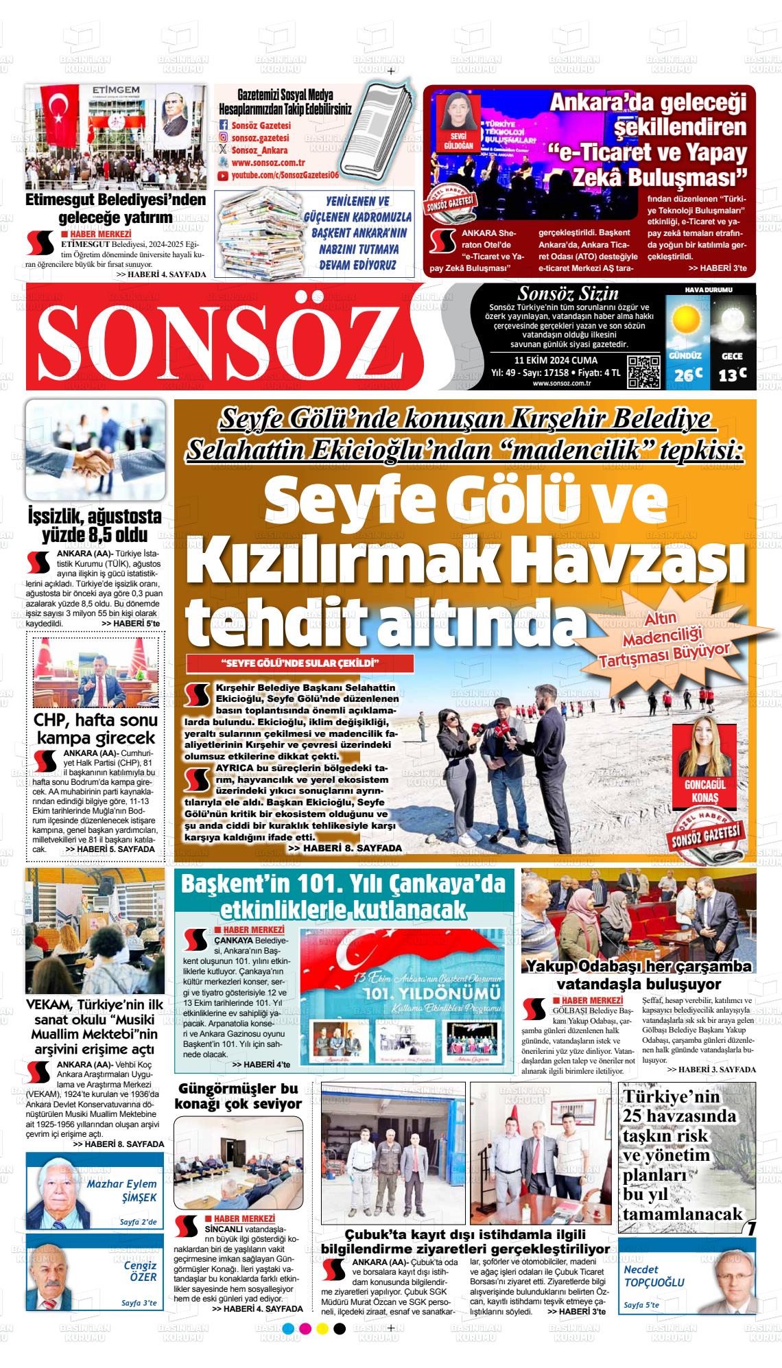 11 Ekim 2024 Ankara Sonsöz Gazete Manşeti