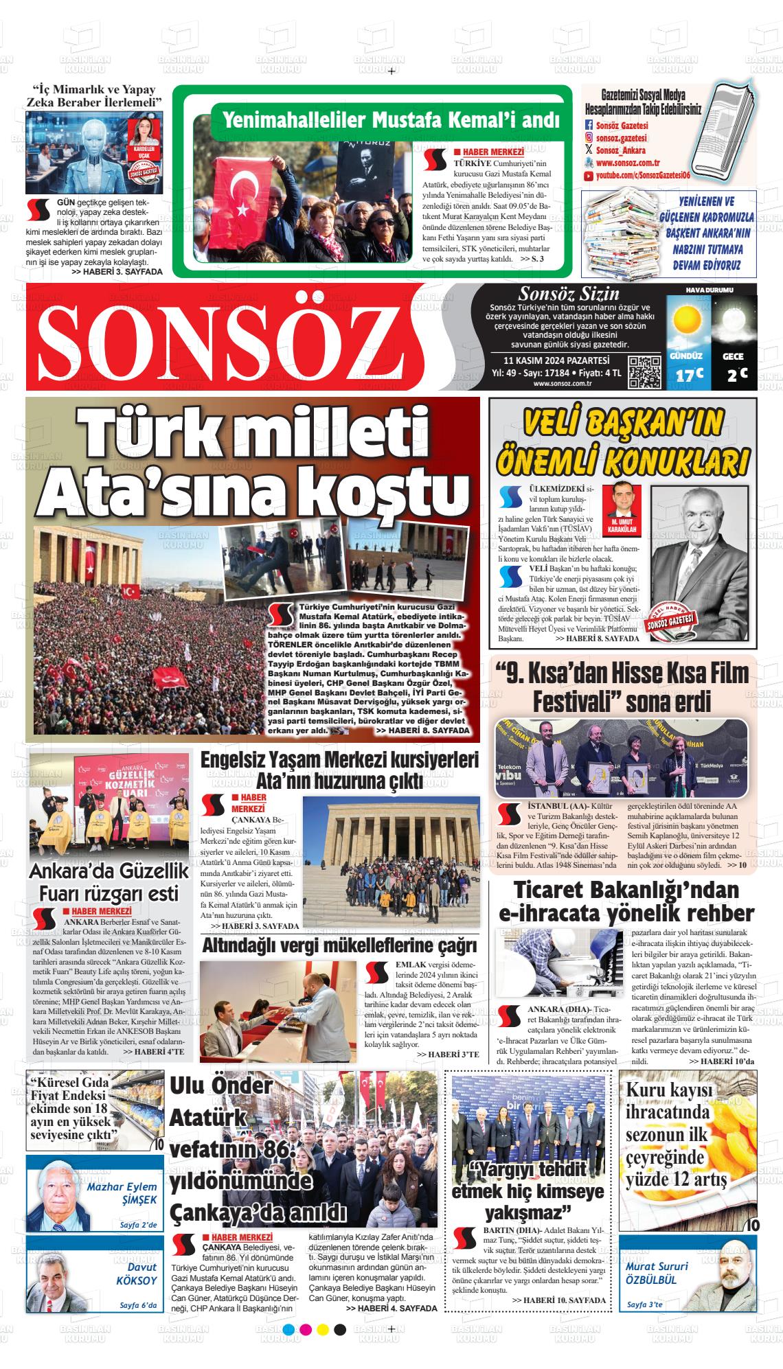 11 Kasım 2024 Ankara Sonsöz Gazete Manşeti