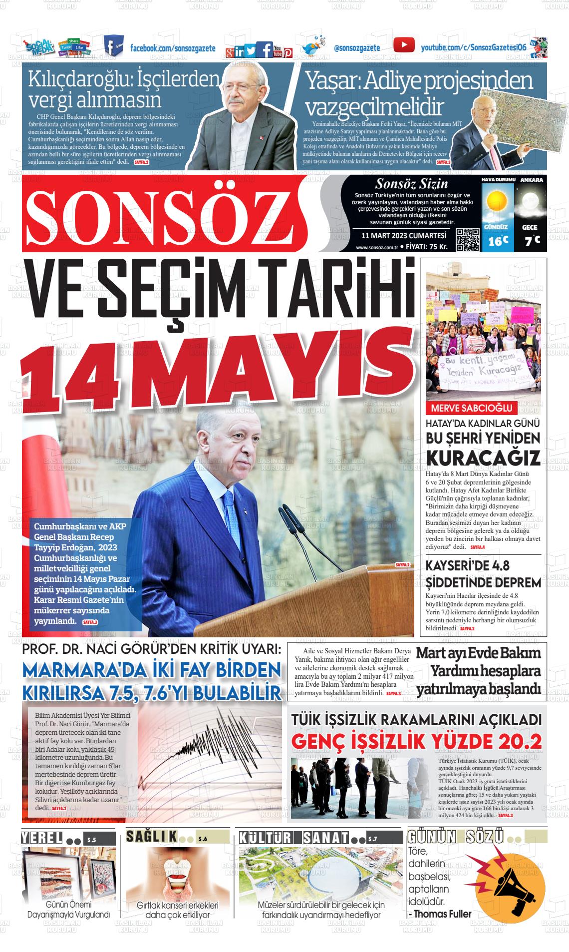 11 Mart 2023 Ankara Sonsöz Gazete Manşeti