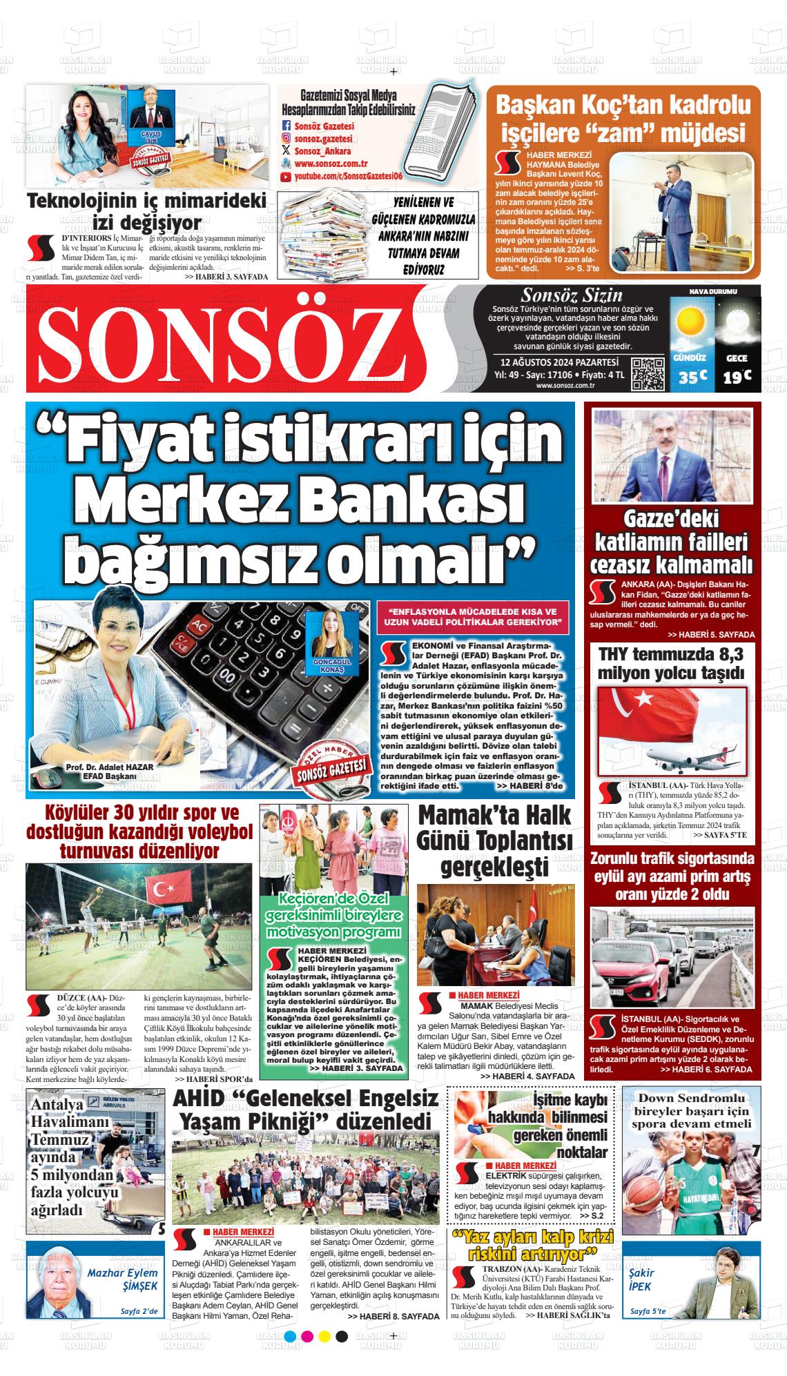 12 Ağustos 2024 Ankara Sonsöz Gazete Manşeti