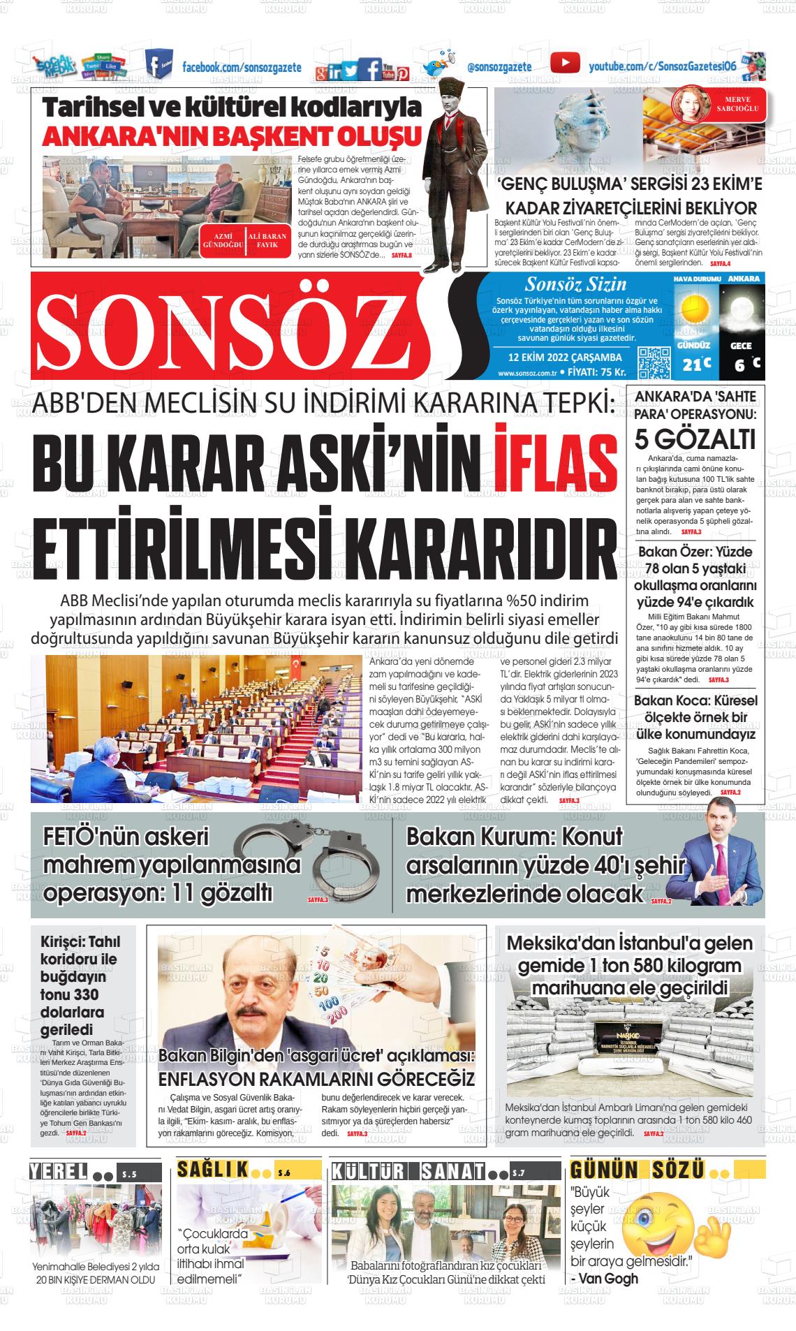 12 Ekim 2022 Ankara Sonsöz Gazete Manşeti