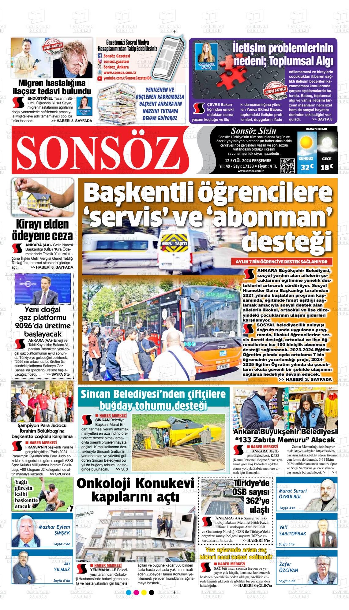 12 Eylül 2024 Ankara Sonsöz Gazete Manşeti