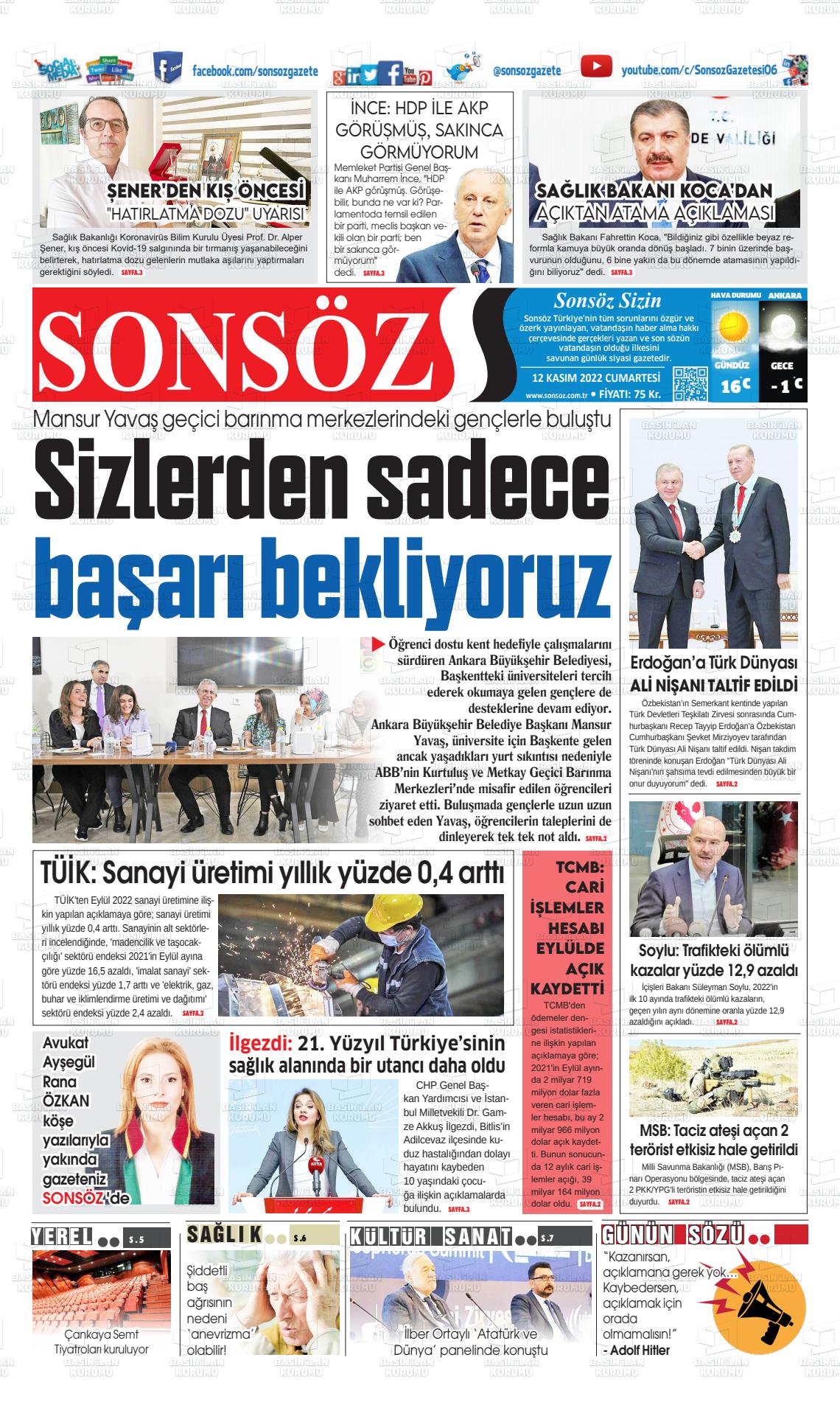 12 Kasım 2022 Ankara Sonsöz Gazete Manşeti