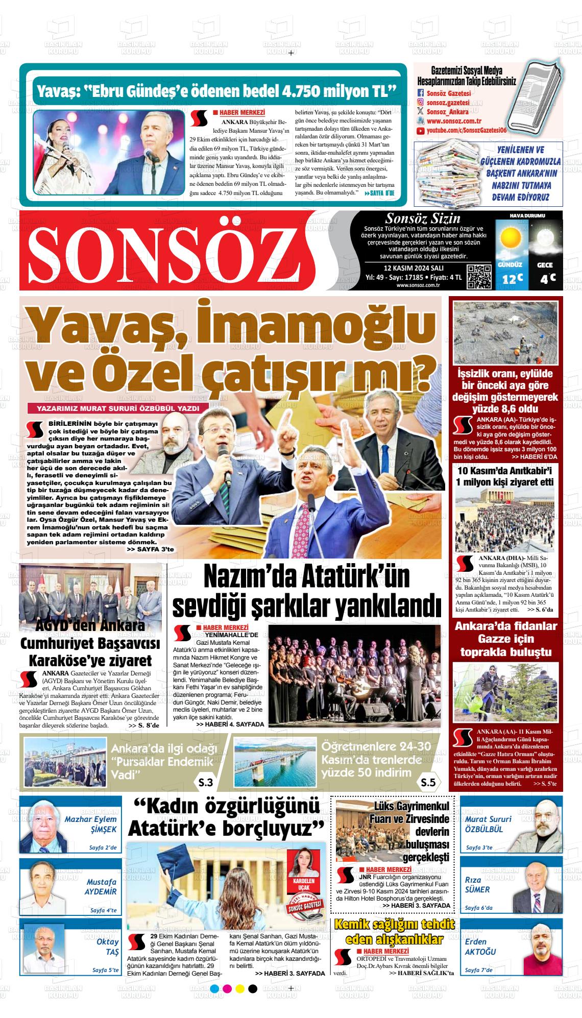 12 Kasım 2024 Ankara Sonsöz Gazete Manşeti