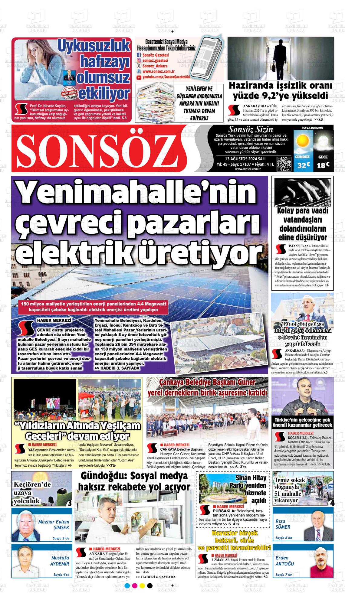 13 Ağustos 2024 Ankara Sonsöz Gazete Manşeti