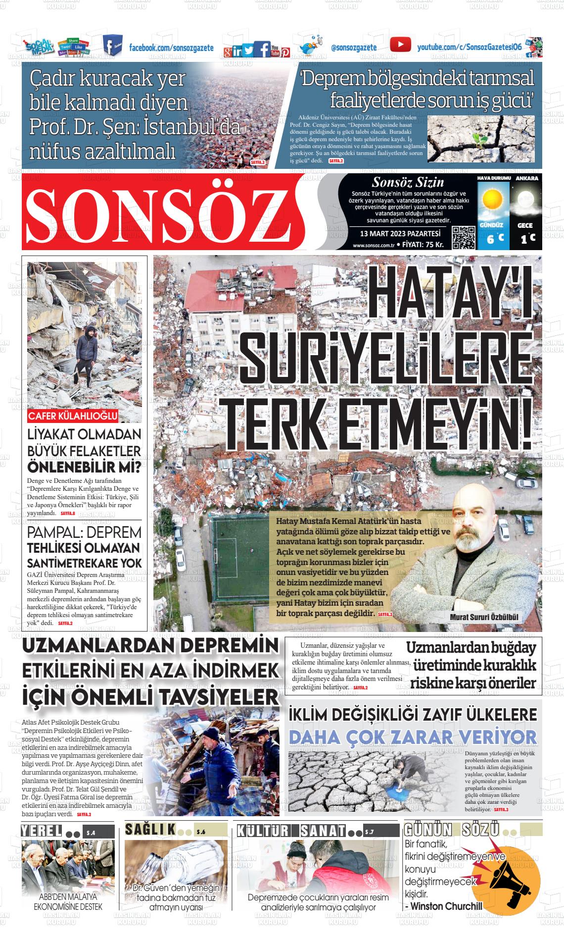 13 Mart 2023 Ankara Sonsöz Gazete Manşeti