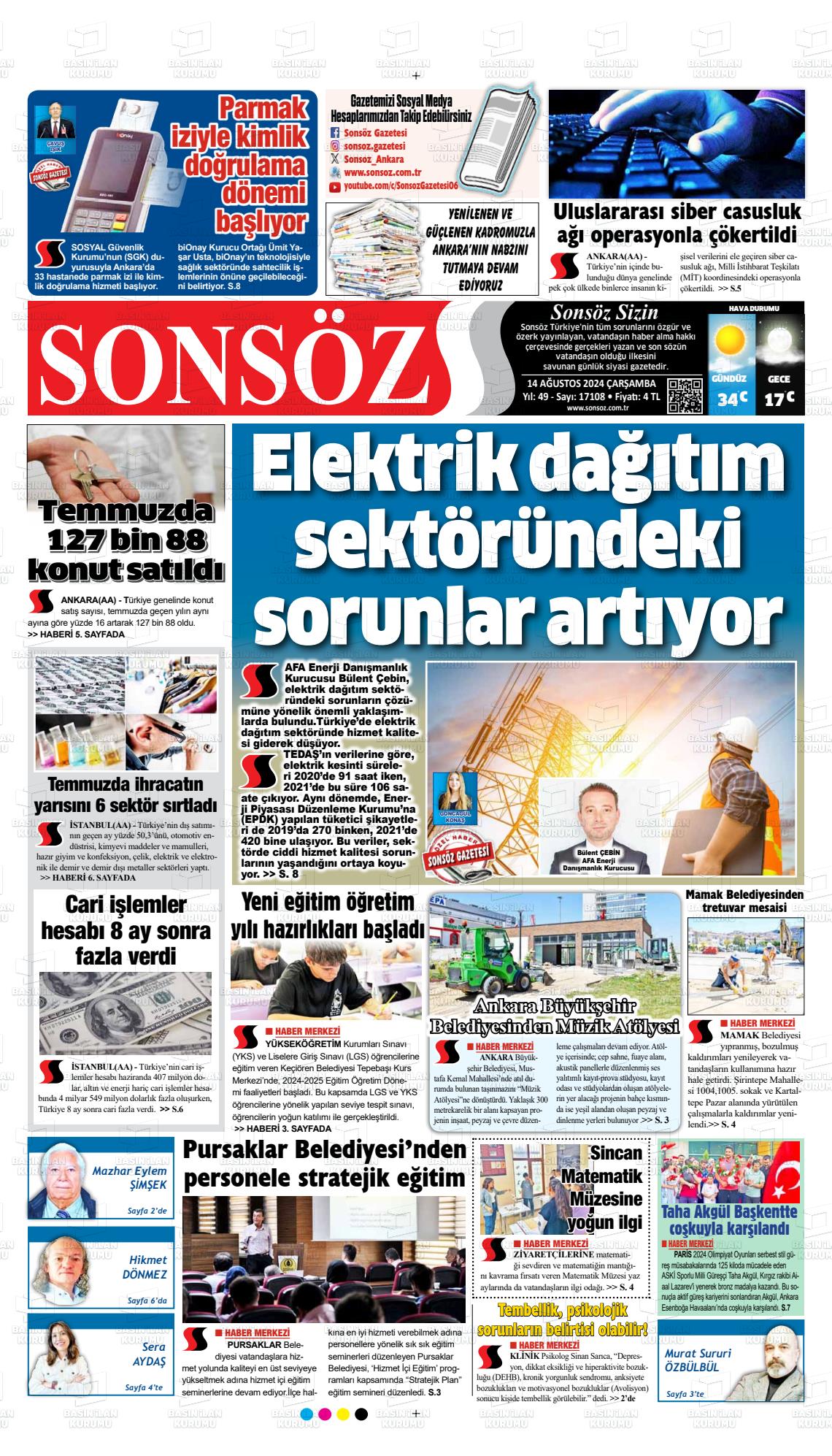 14 Ağustos 2024 Ankara Sonsöz Gazete Manşeti