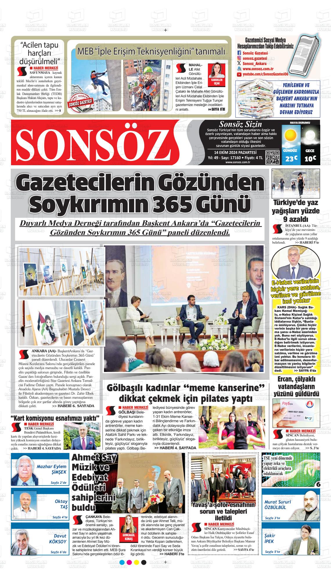 14 Ekim 2024 Ankara Sonsöz Gazete Manşeti