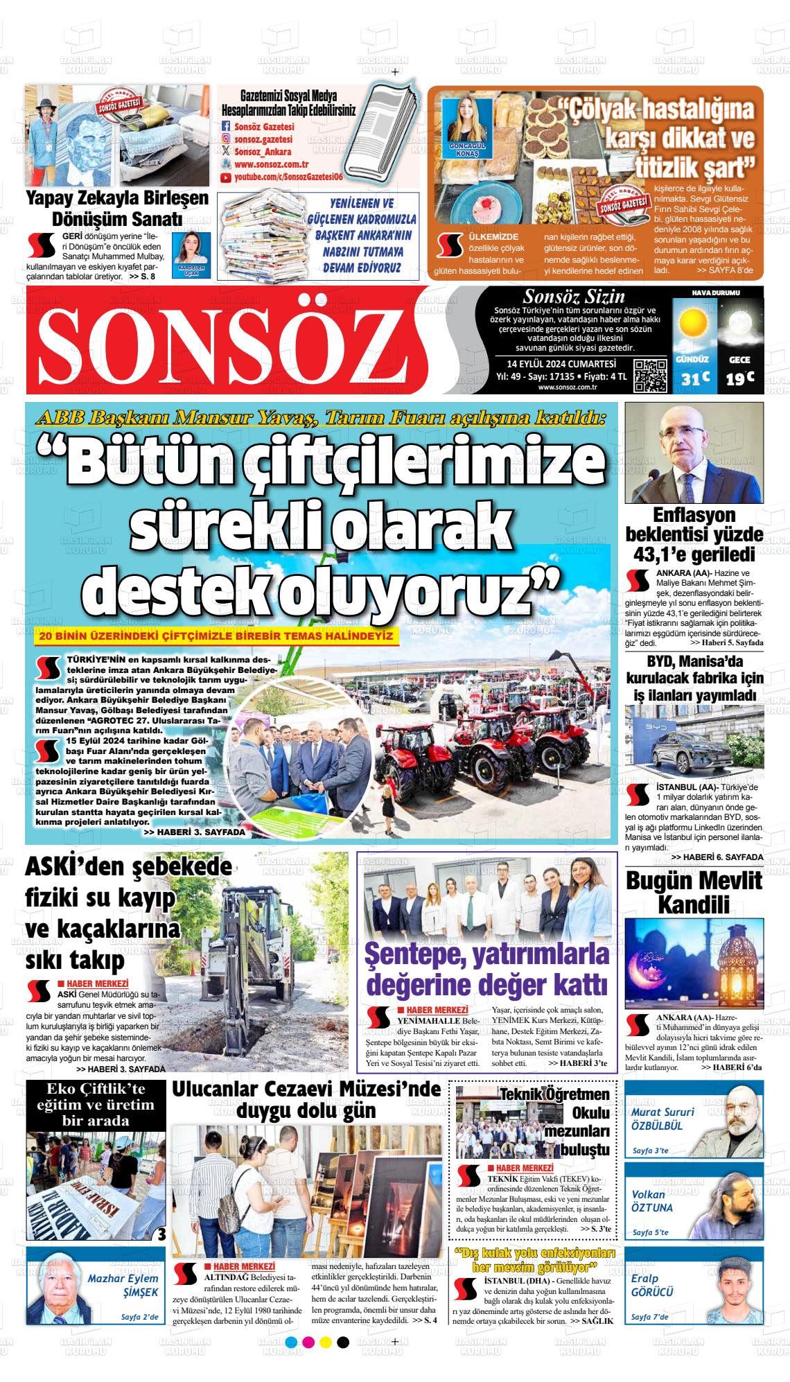 14 Eylül 2024 Ankara Sonsöz Gazete Manşeti