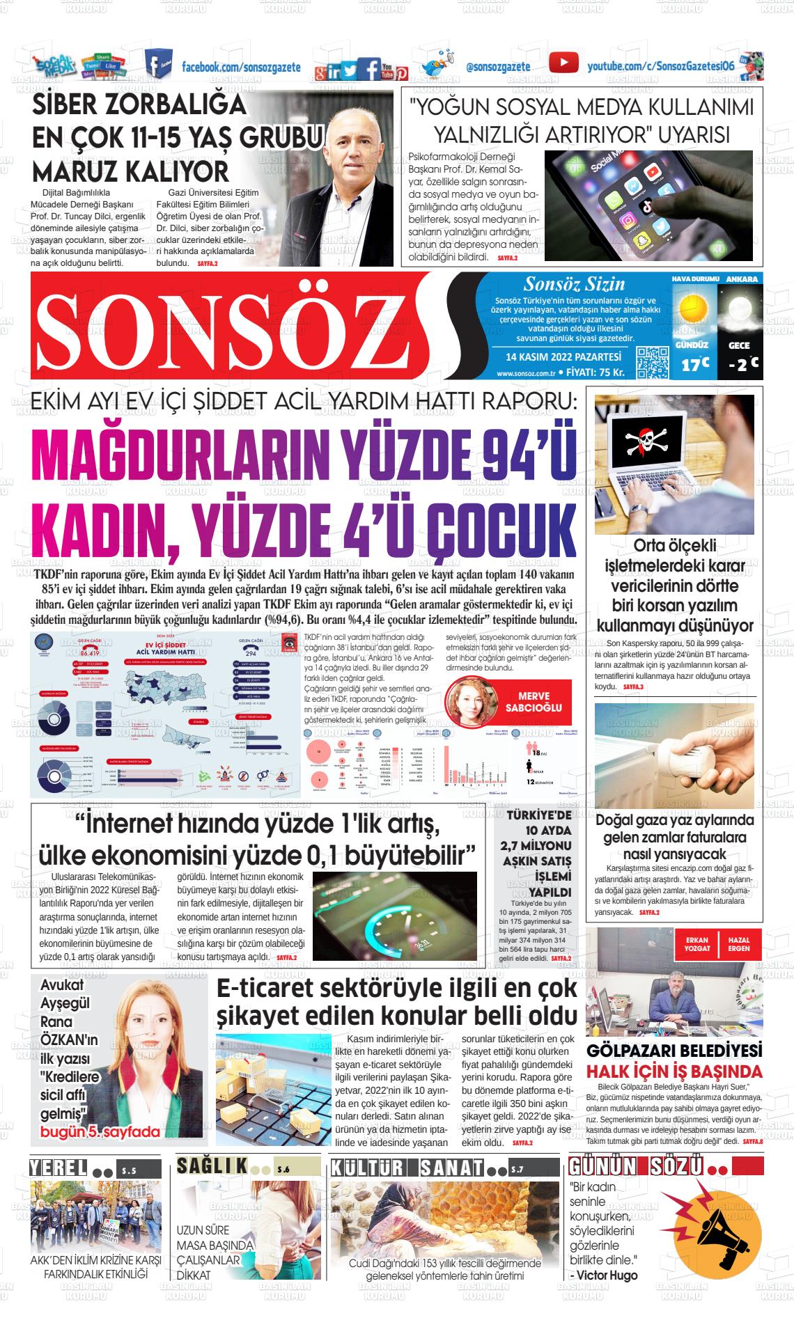 14 Kasım 2022 Ankara Sonsöz Gazete Manşeti