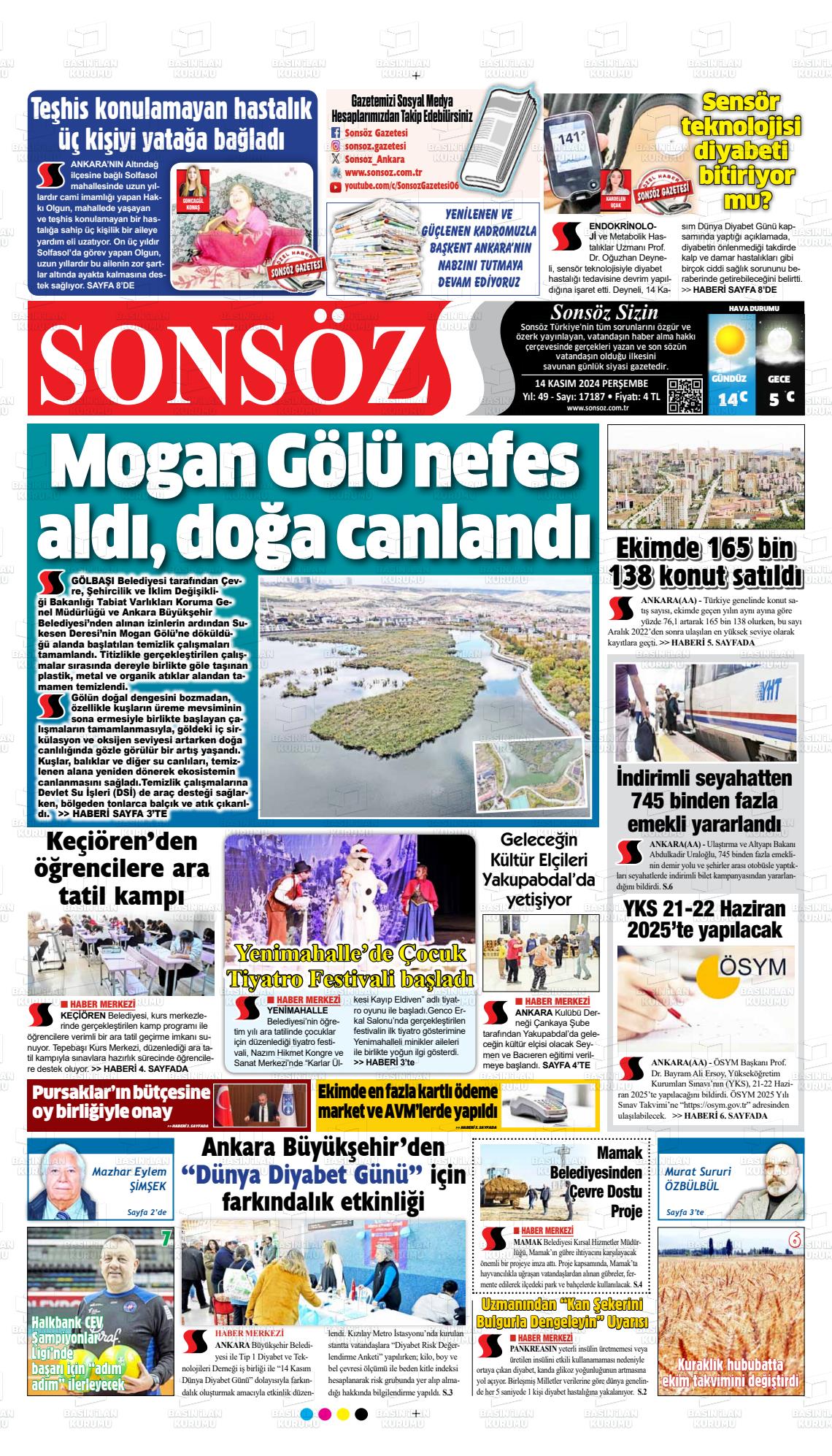 14 Kasım 2024 Ankara Sonsöz Gazete Manşeti