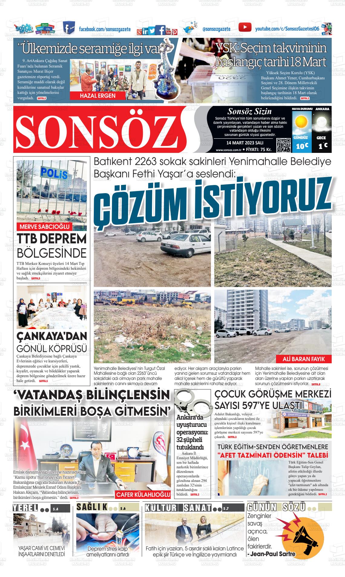 14 Mart 2023 Ankara Sonsöz Gazete Manşeti