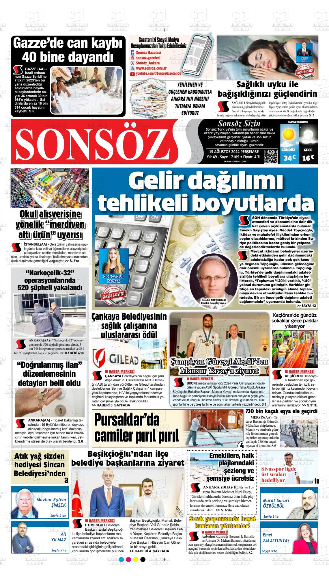 15 Ağustos 2024 Ankara Sonsöz Gazete Manşeti