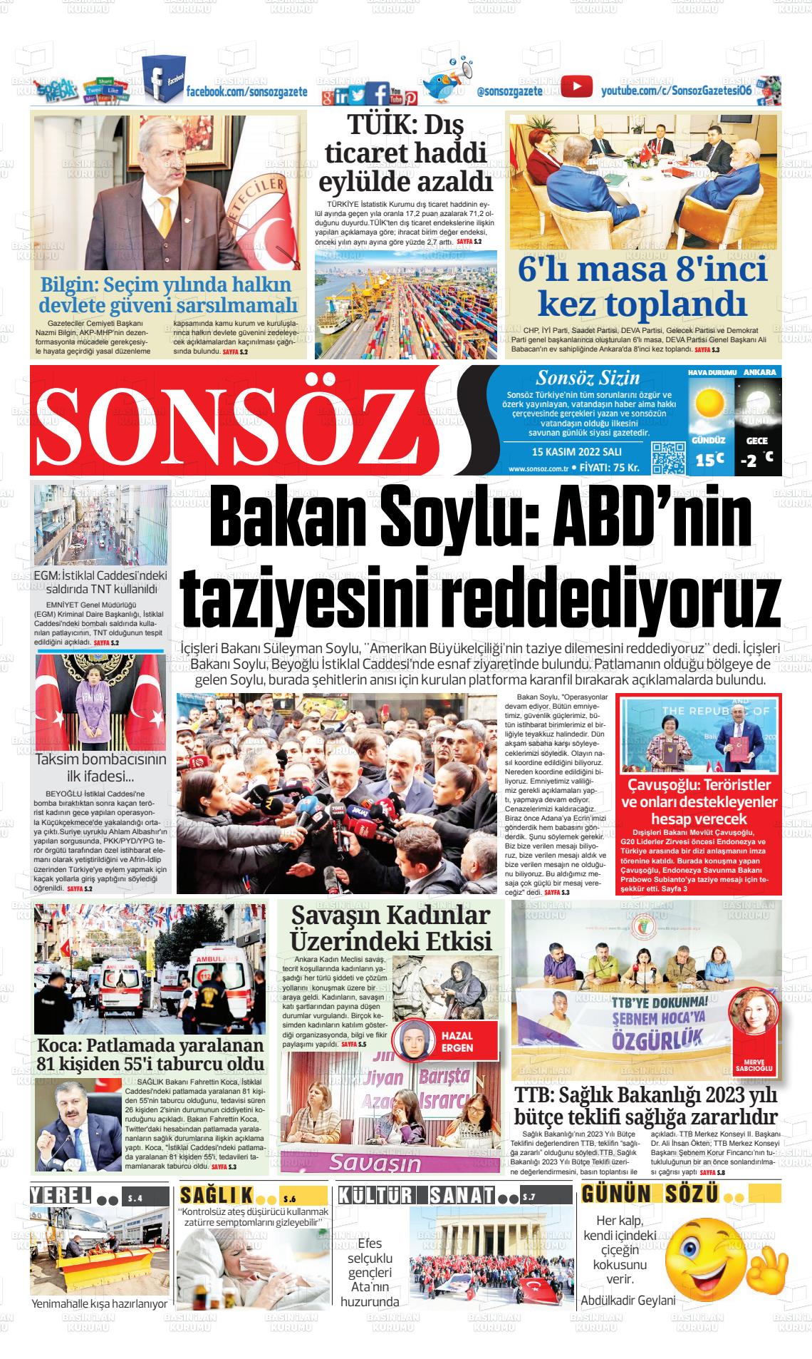 15 Kasım 2022 Ankara Sonsöz Gazete Manşeti