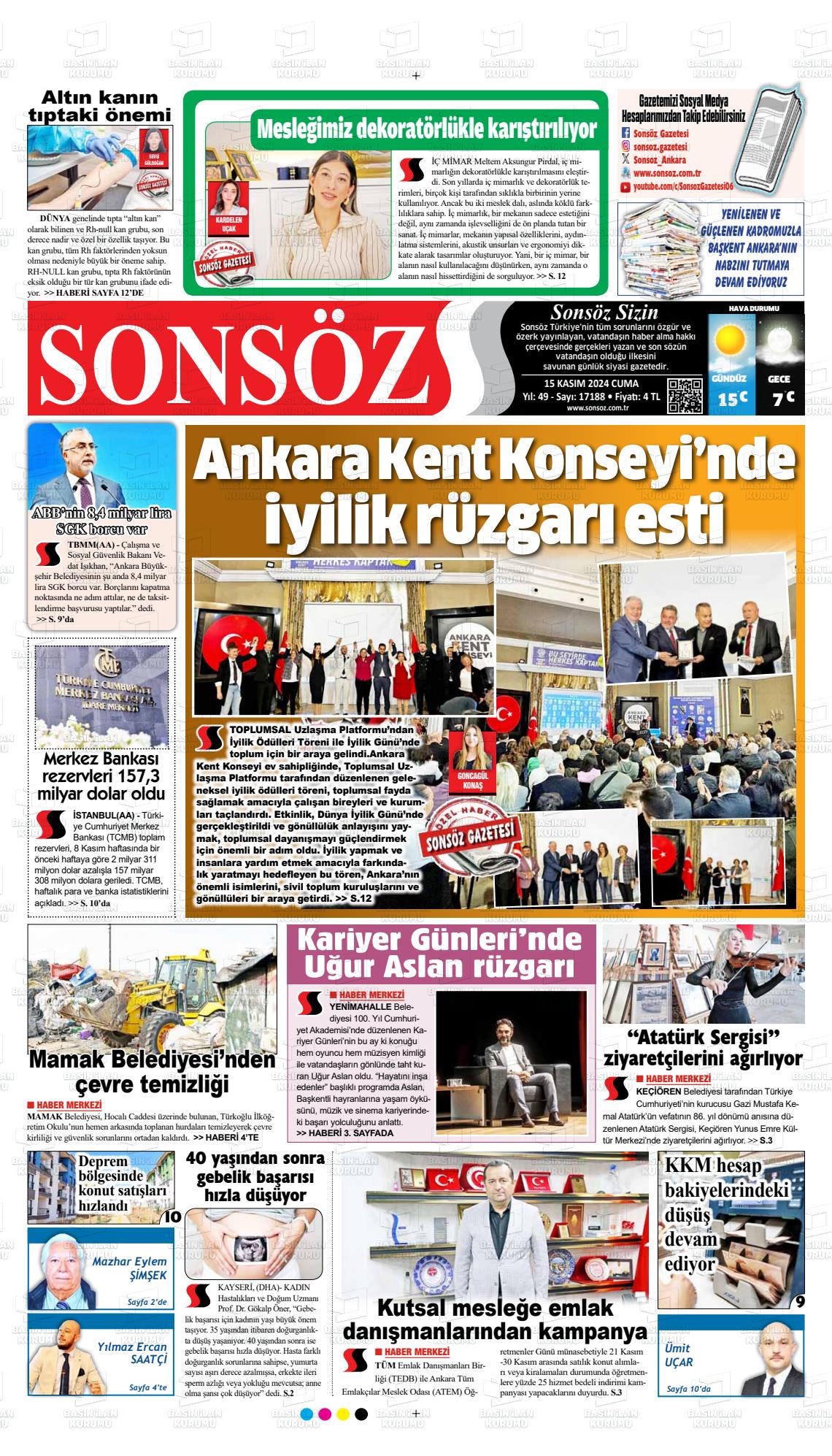 15 Kasım 2024 Ankara Sonsöz Gazete Manşeti