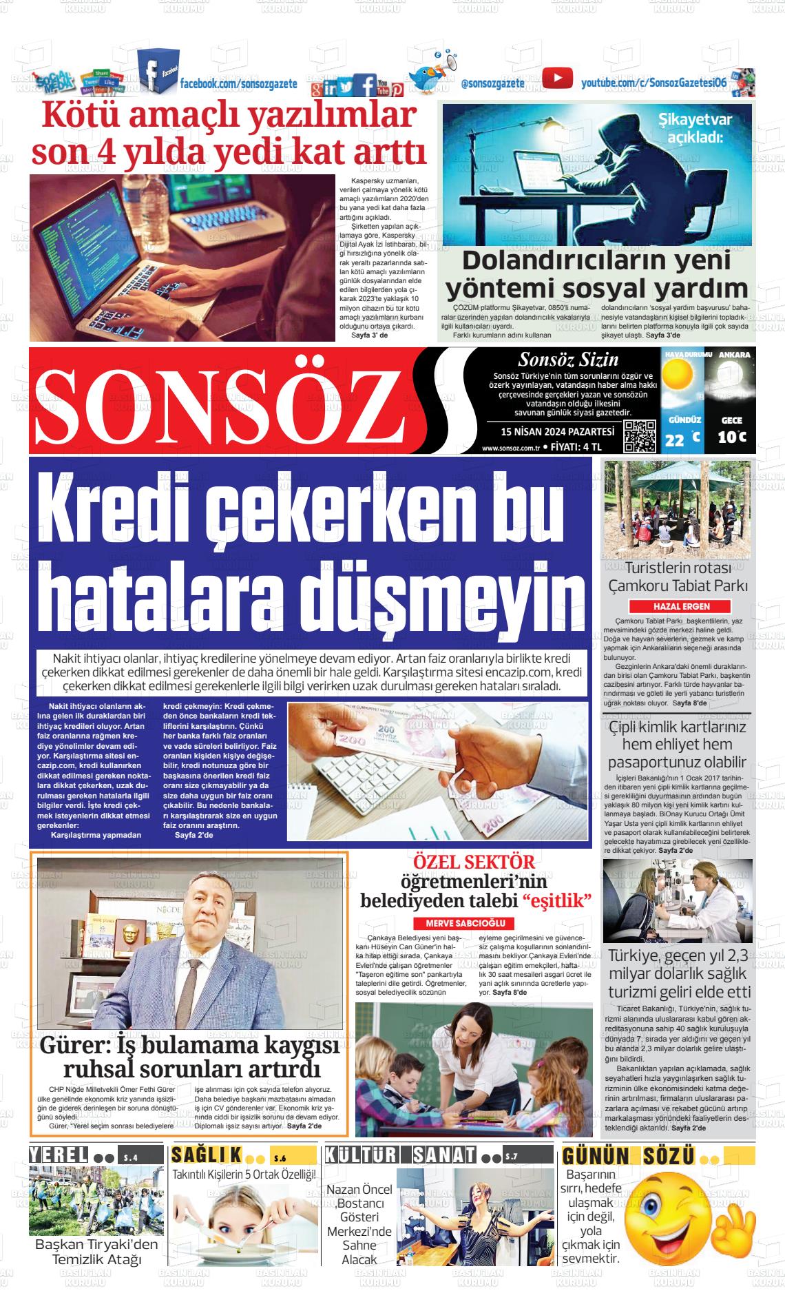 15 Nisan 2024 Ankara Sonsöz Gazete Manşeti