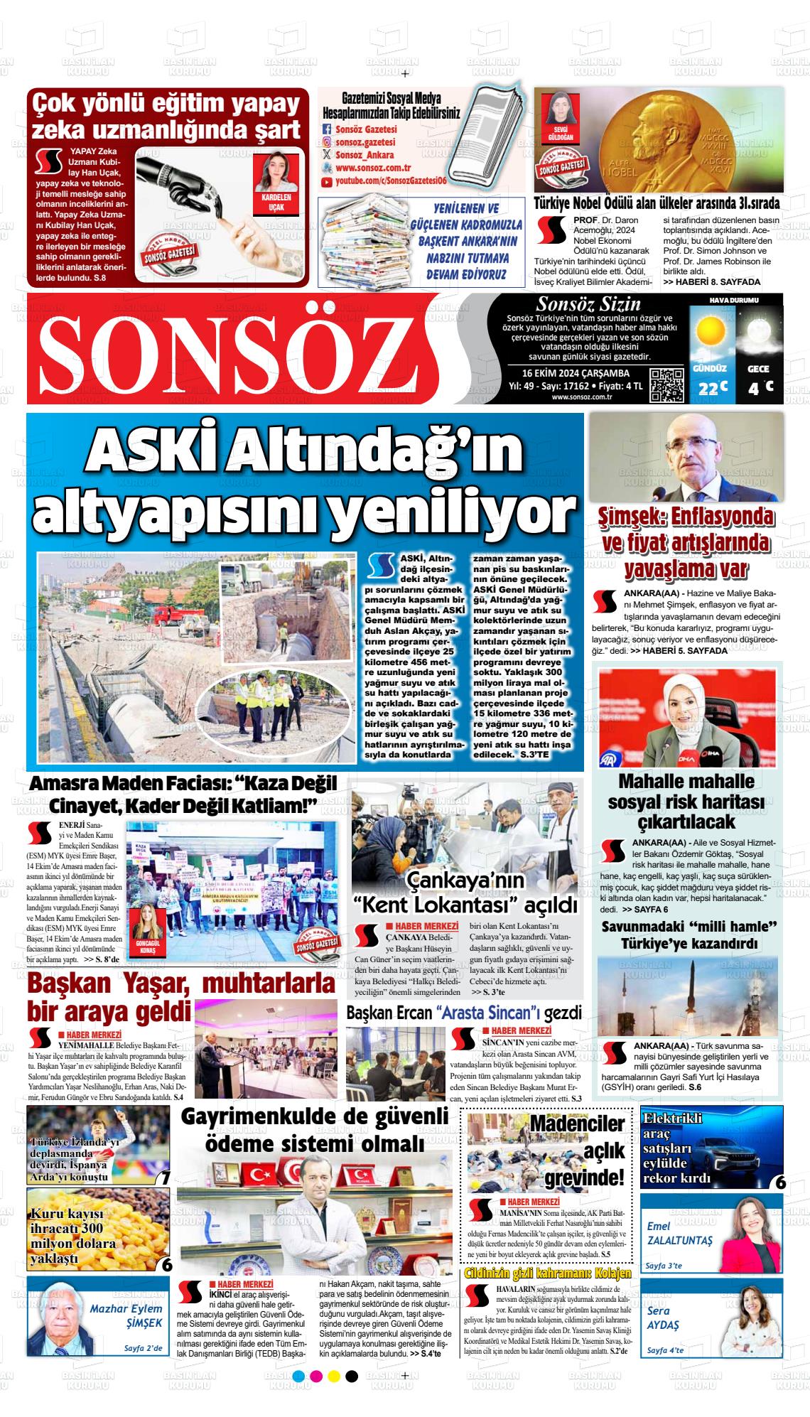 16 Ekim 2024 Ankara Sonsöz Gazete Manşeti