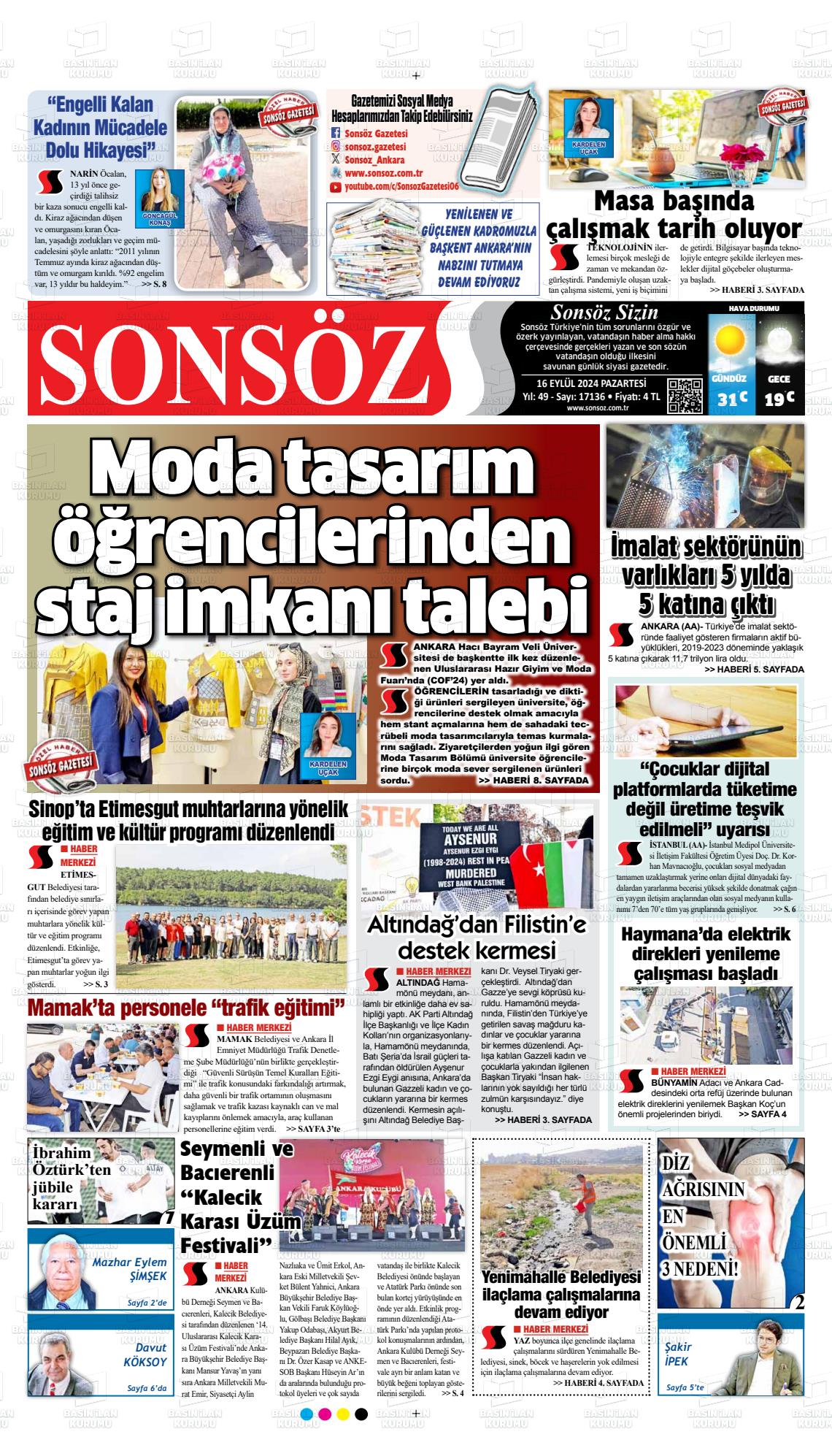 16 Eylül 2024 Ankara Sonsöz Gazete Manşeti