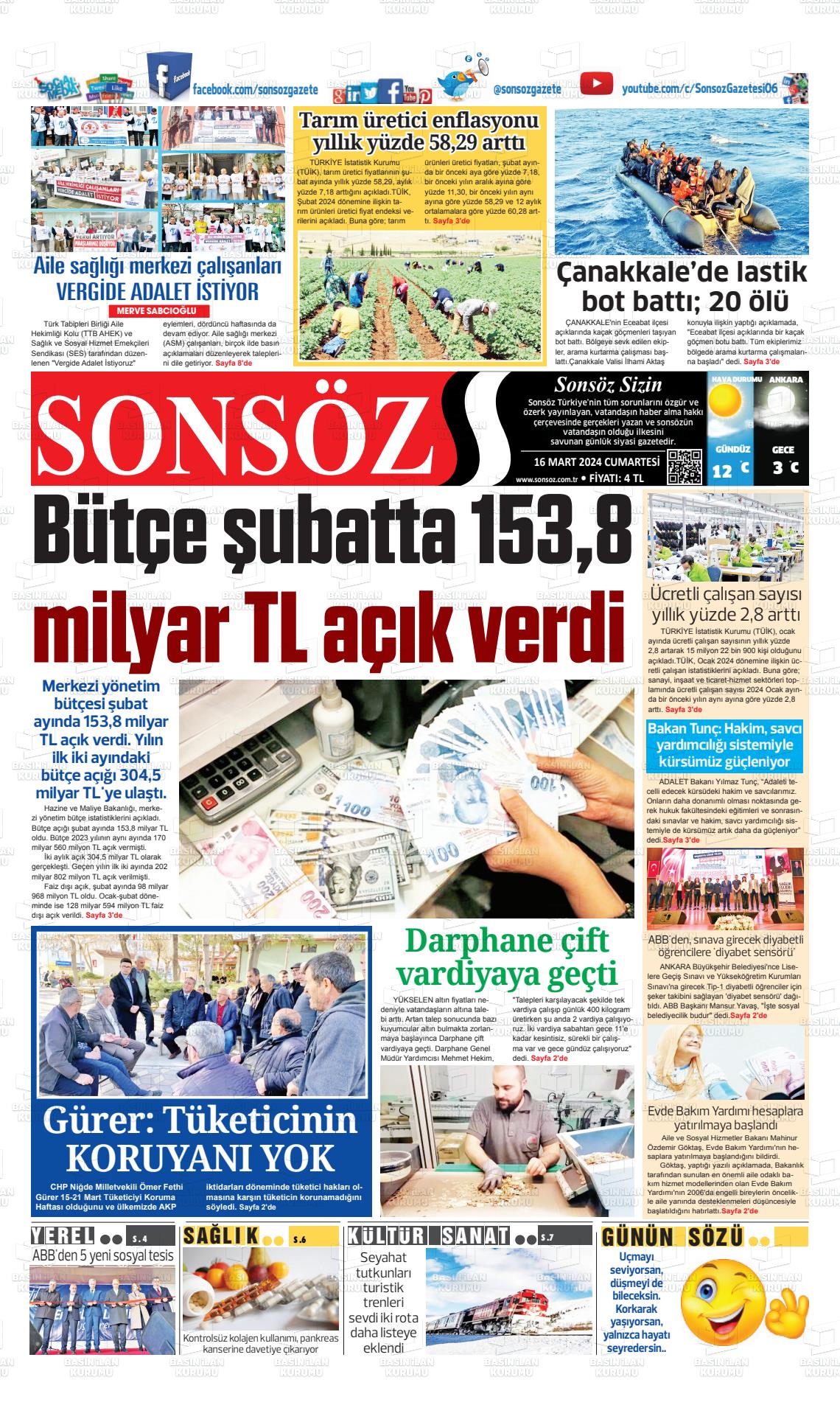 16 Mart 2024 Ankara Sonsöz Gazete Manşeti