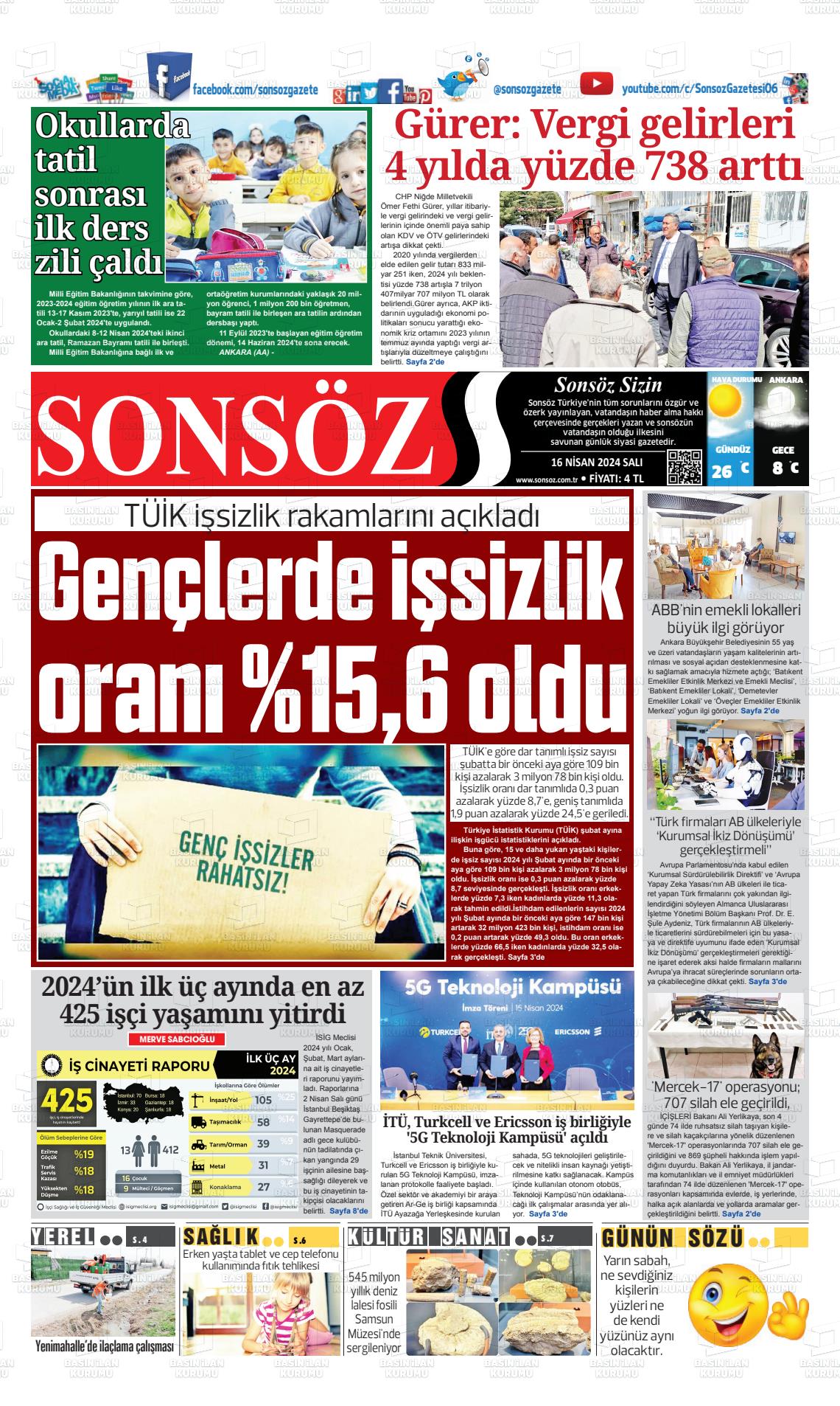 17 Nisan 2024 Ankara Sonsöz Gazete Manşeti