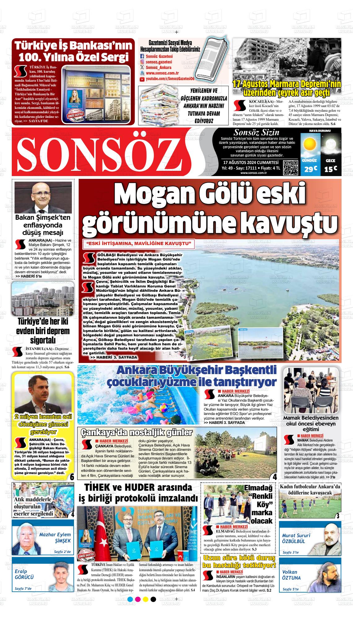 17 Ağustos 2024 Ankara Sonsöz Gazete Manşeti