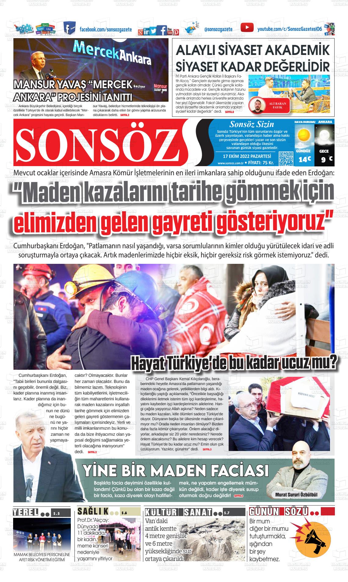 17 Ekim 2022 Ankara Sonsöz Gazete Manşeti