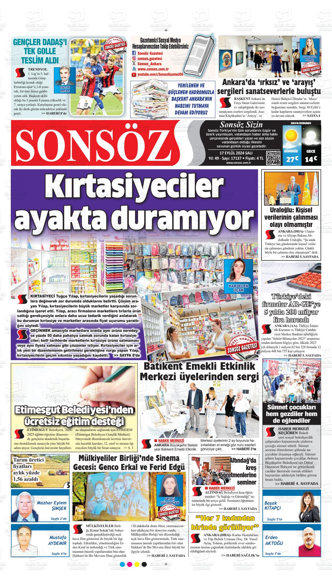 17 Eylül 2024 Ankara Sonsöz Gazete Manşeti