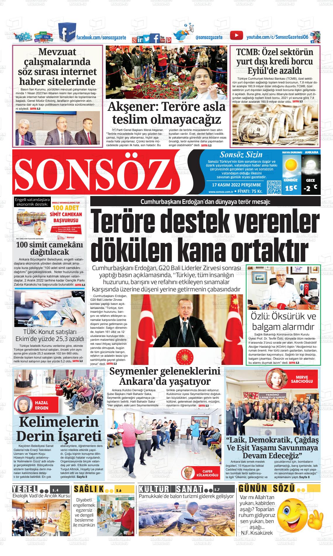 17 Kasım 2022 Ankara Sonsöz Gazete Manşeti