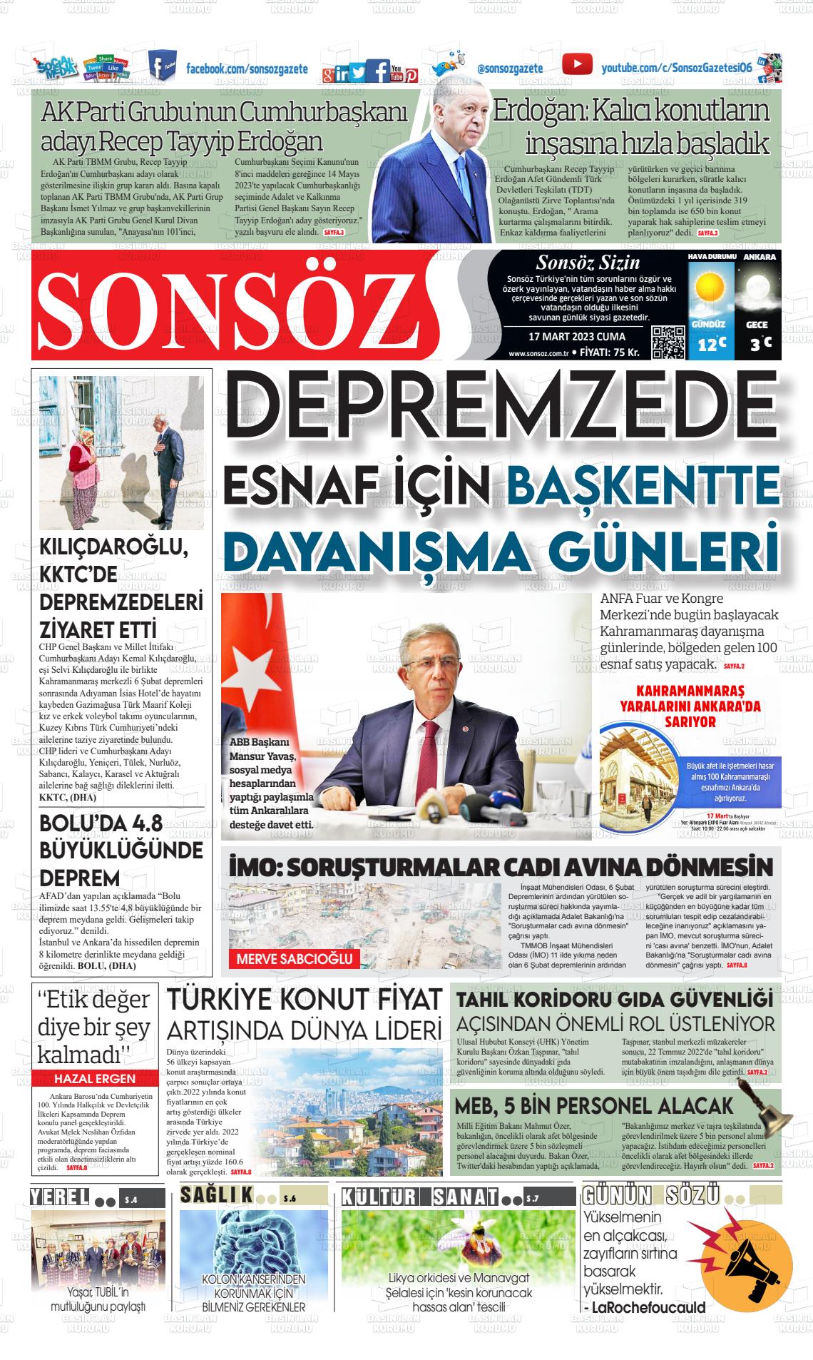 17 Mart 2023 Ankara Sonsöz Gazete Manşeti