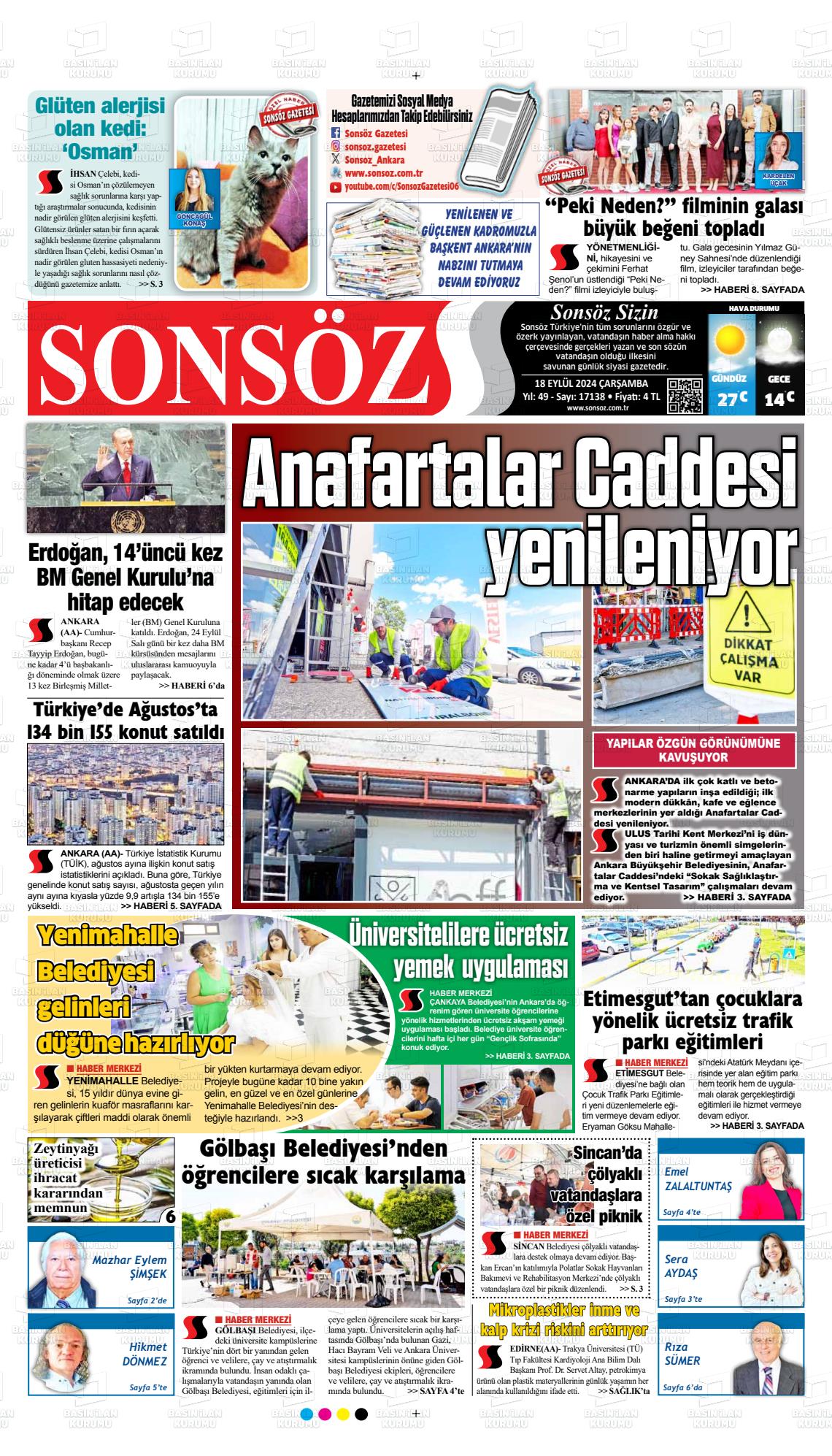 18 Eylül 2024 Ankara Sonsöz Gazete Manşeti