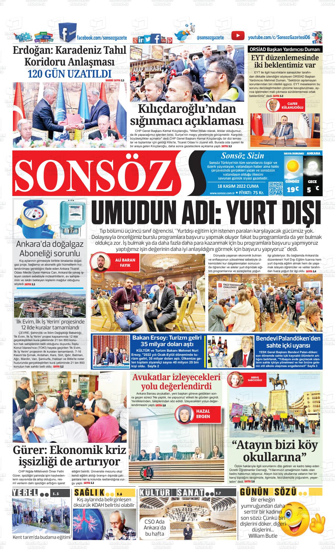 18 Kasım 2022 Ankara Sonsöz Gazete Manşeti