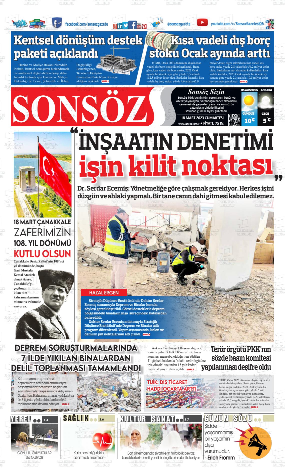 18 Mart 2023 Ankara Sonsöz Gazete Manşeti