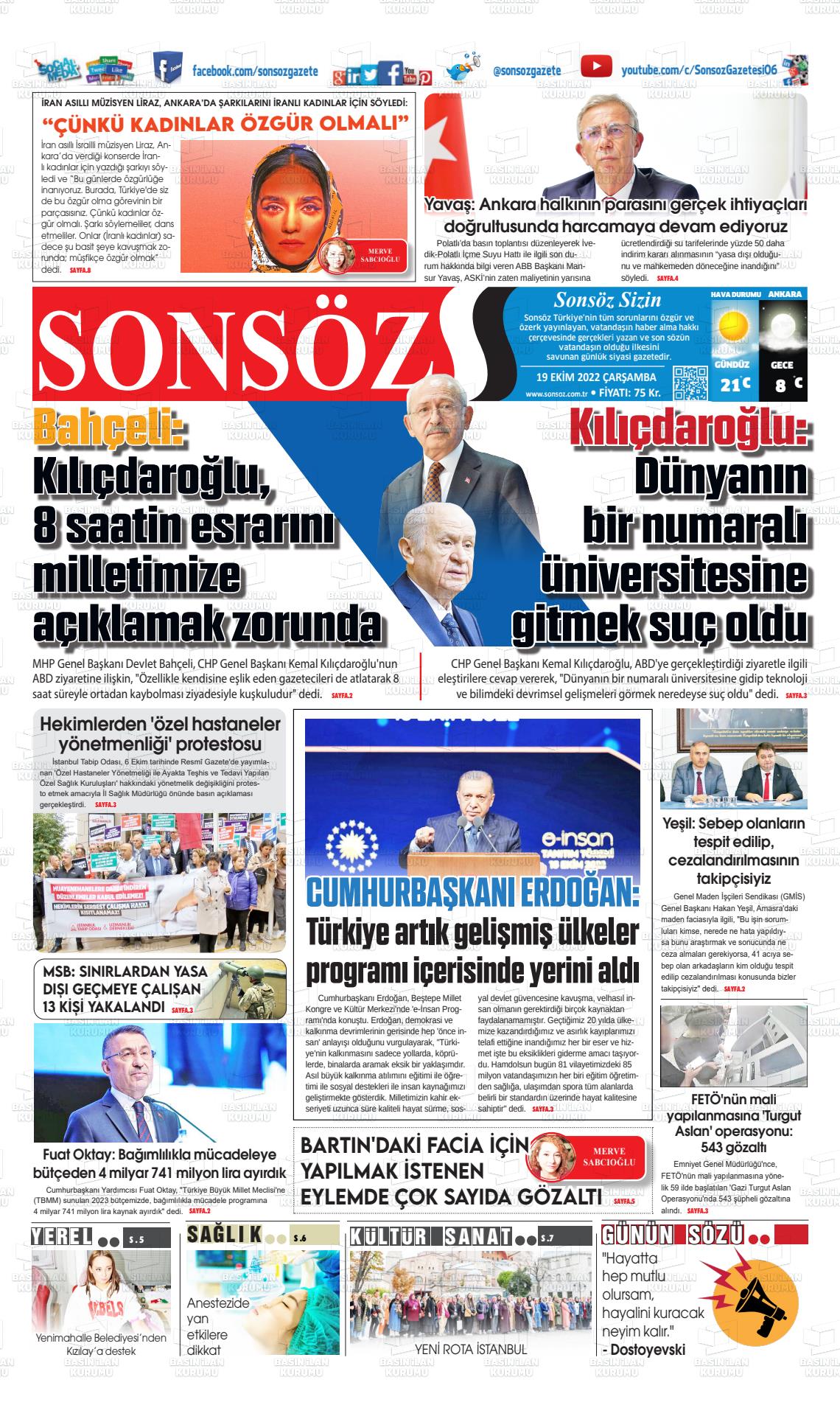 19 Ekim 2022 Ankara Sonsöz Gazete Manşeti