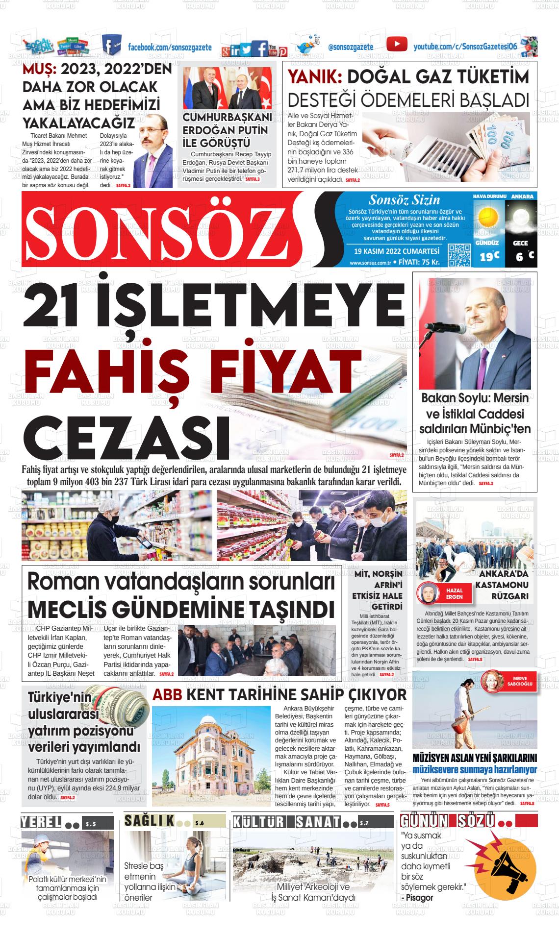 19 Kasım 2022 Ankara Sonsöz Gazete Manşeti